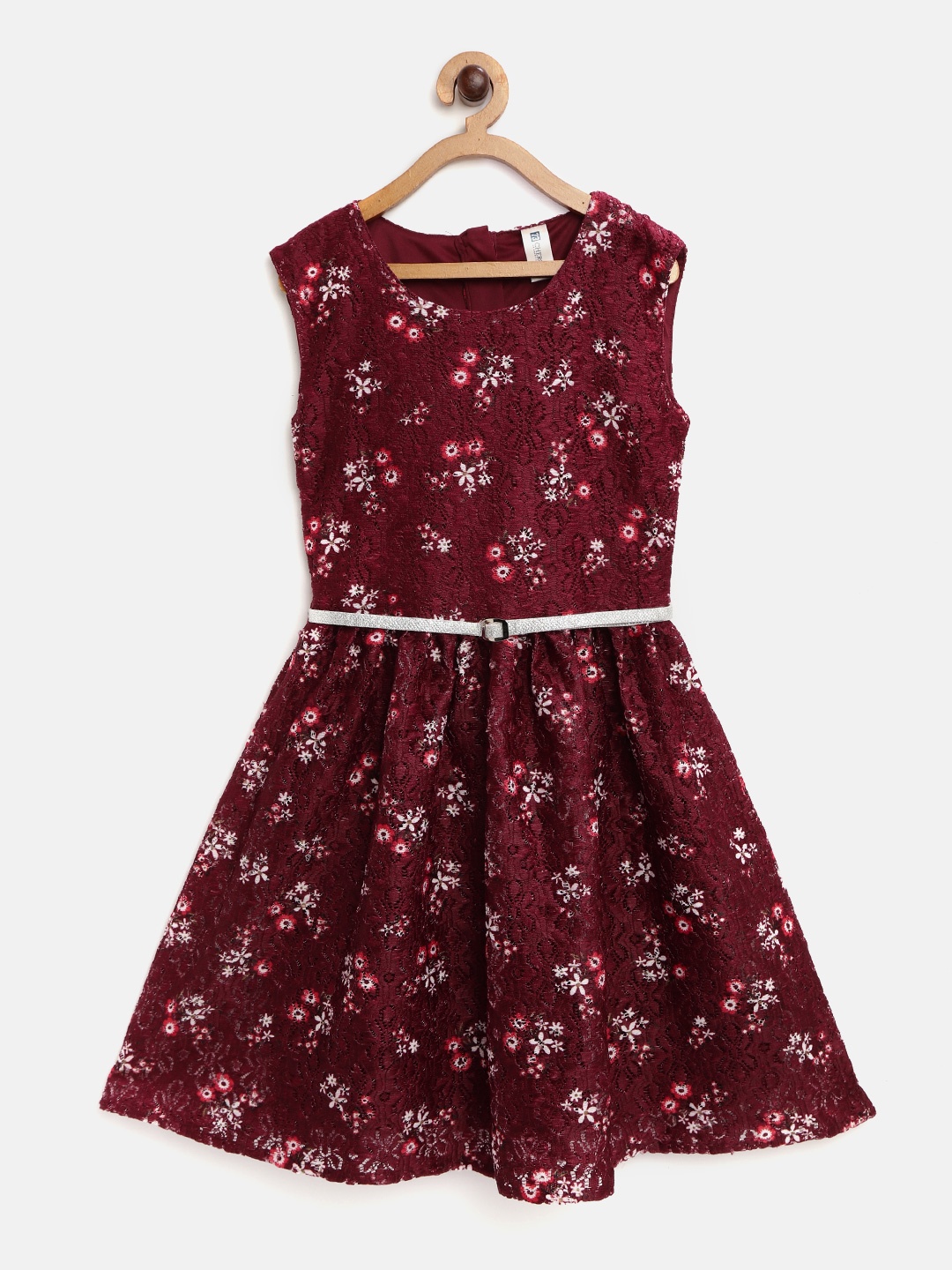 

Cherokee Girls Maroon & White Lace Floral Printed Fit & Flared Dress with Belt