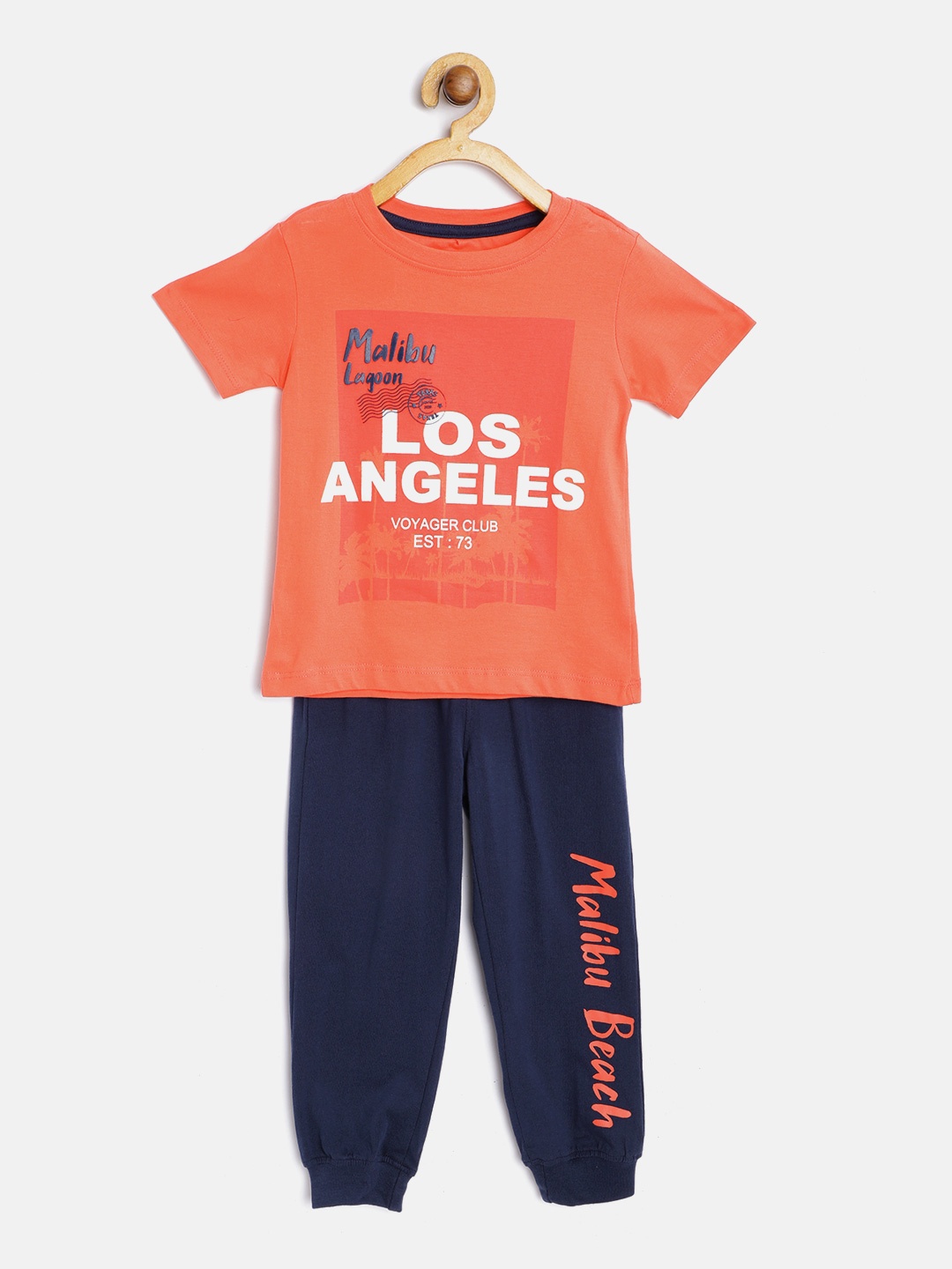 

Cherokee Boys Coral Orange & Navy Blue Pure Cotton Printed T-shirt with Joggers