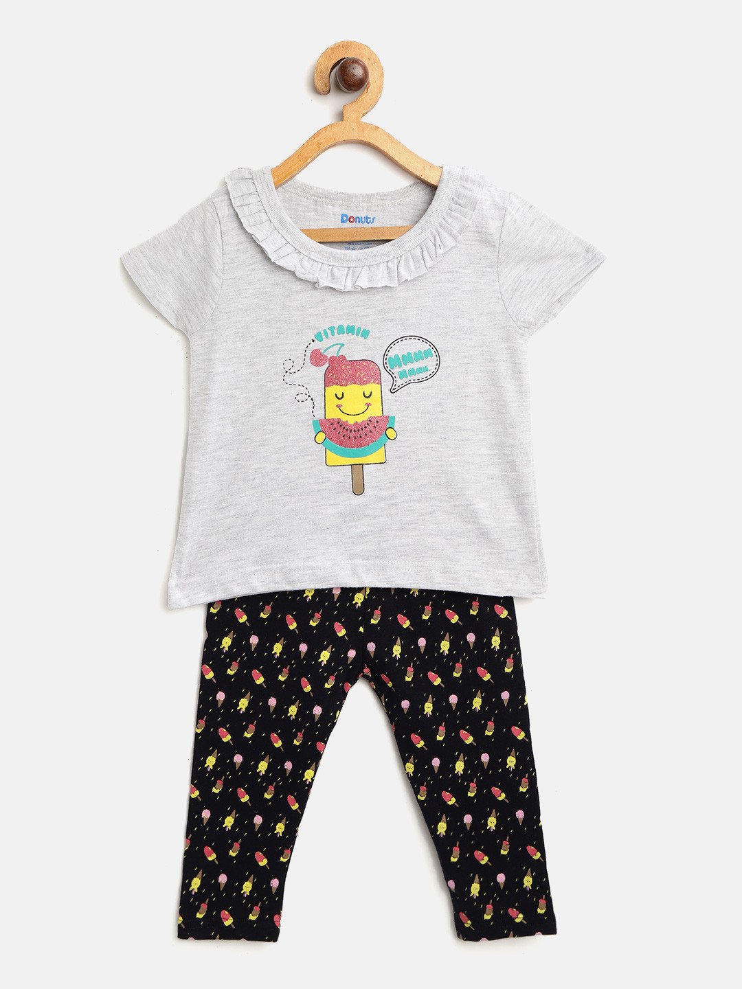 

Donuts Girls Grey Melange & Navy Blue Printed T-shirt with Leggings
