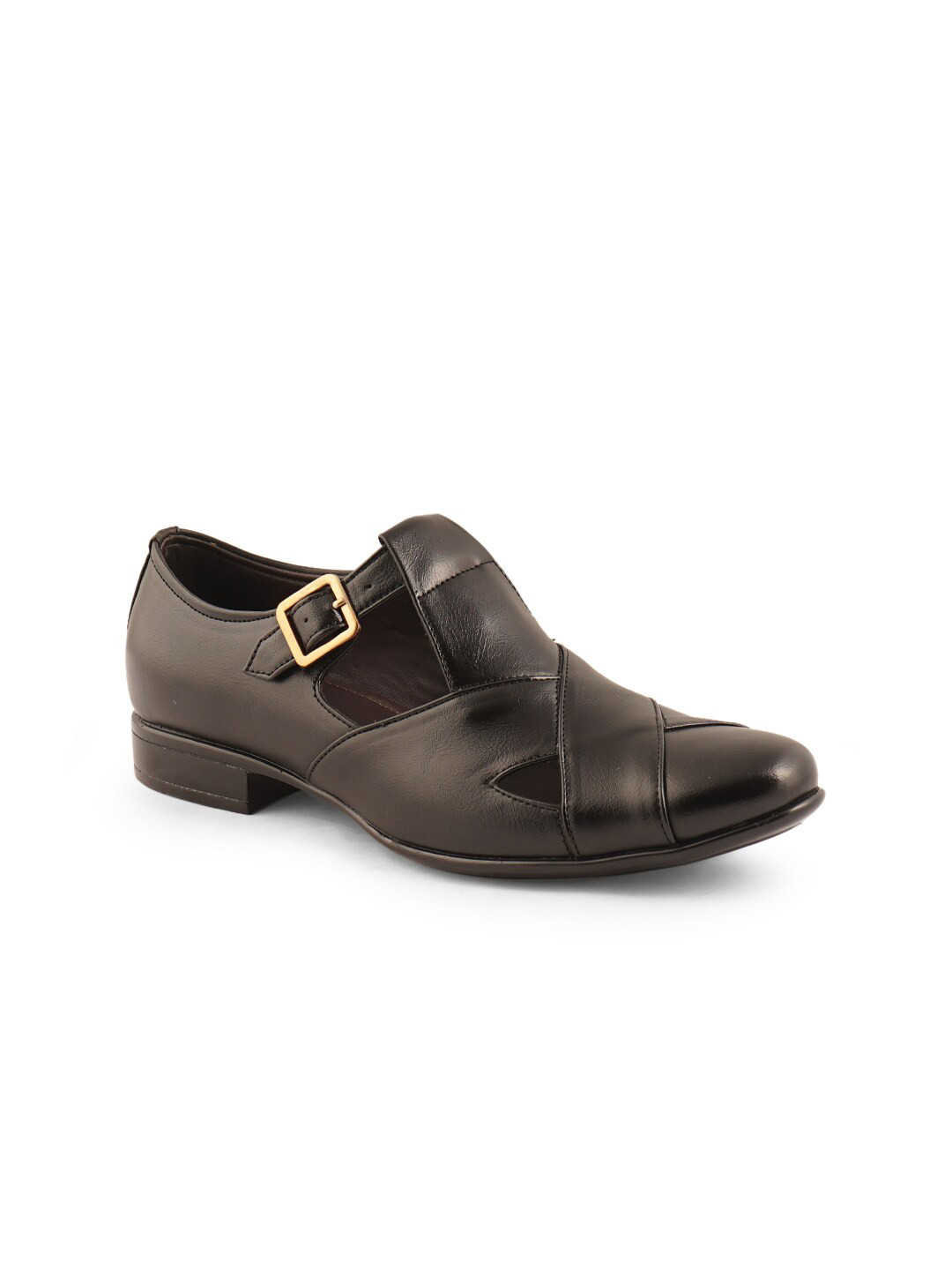 

ID Men Black Solid Leather Buckle Shoe-Style Sandals