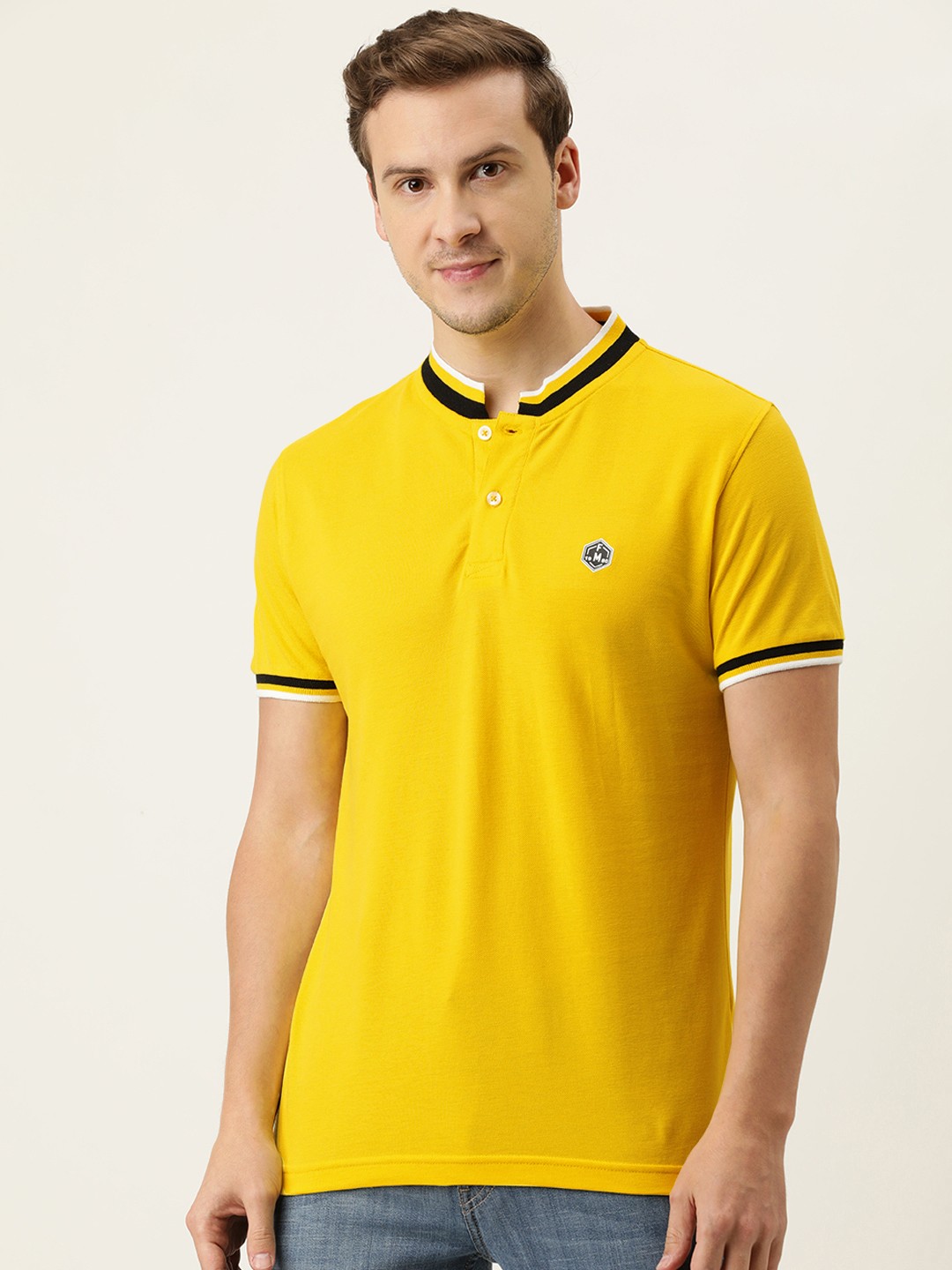 

Flying Machine Men Yellow Mandarin Collar T-shirt