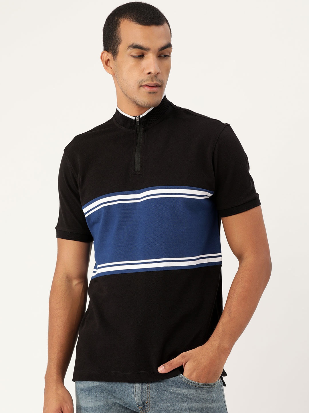 

Flying Machine Men Black & Blue Colourblocked Polo Collar T-shirt