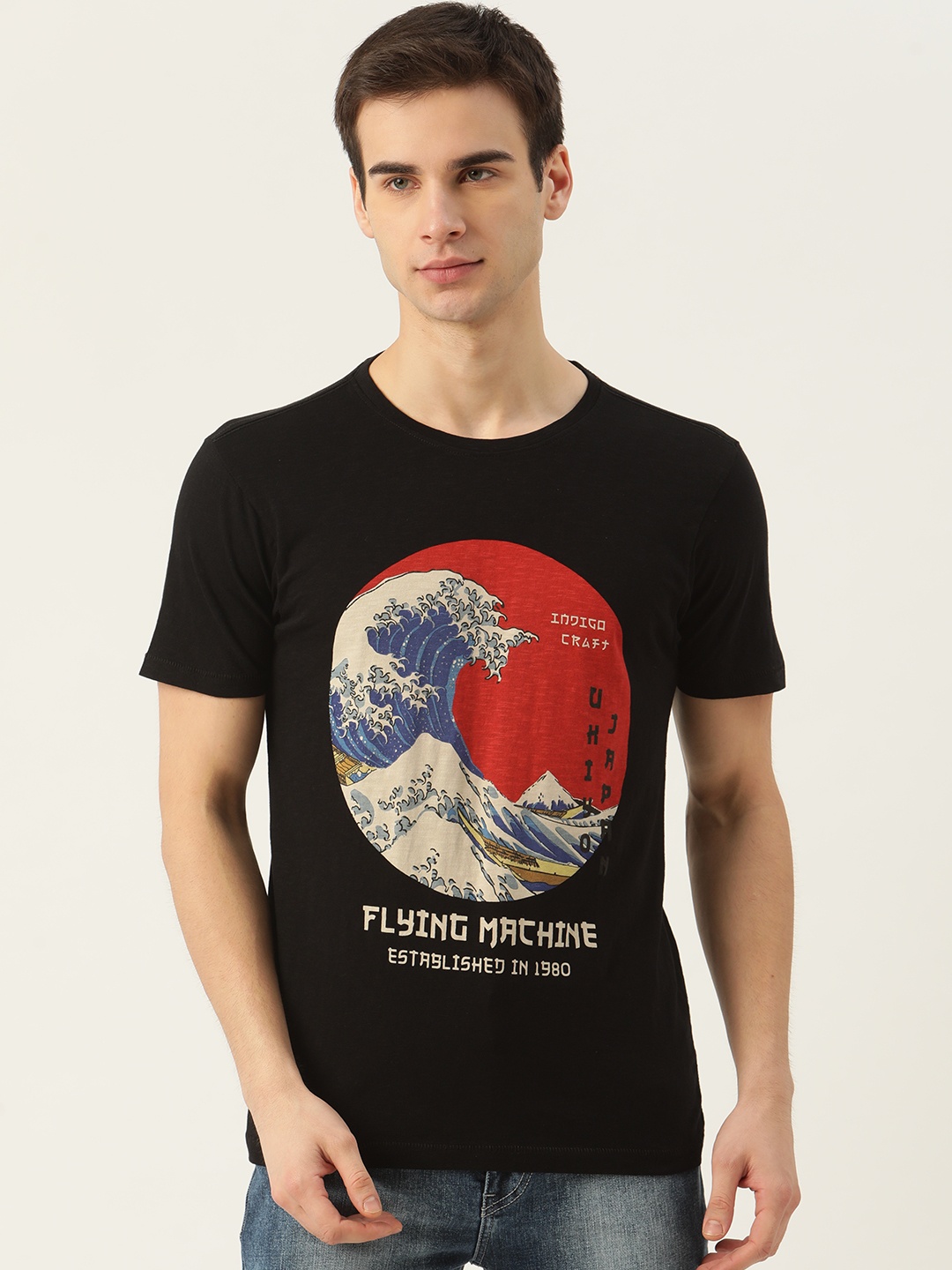 

Flying Machine Men Black & Red Pure Cotton Printed T-shirt