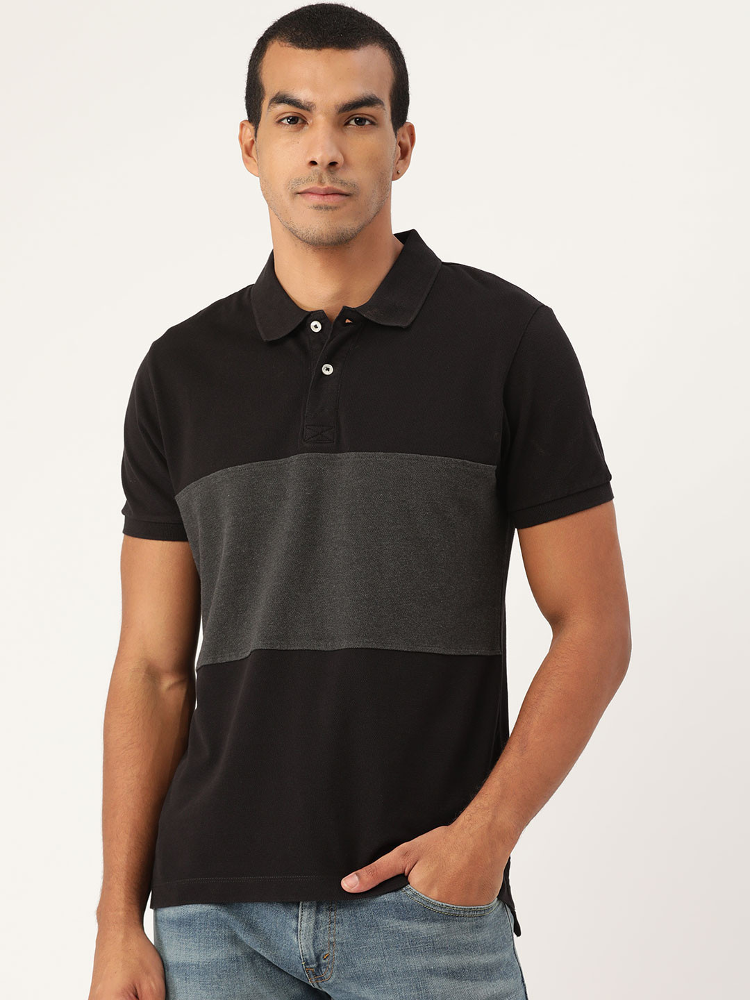

Flying Machine Men Black & Charcoal Grey Colourblocked Polo Collar T-shirt
