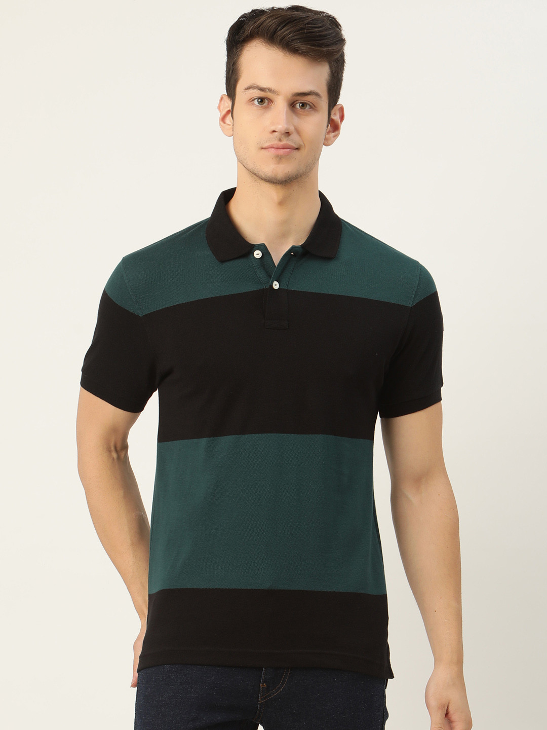 

Flying Machine Men Teal Green Black Striped Pure Cotton Polo Collar Pure Cotton T-shirt