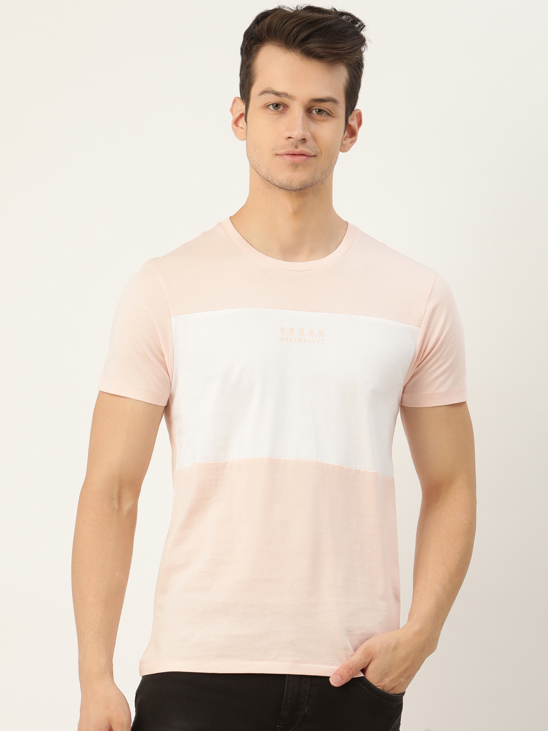 

Flying Machine Men Pink White Colourblocked Round Neck Pure Cotton T-shirt