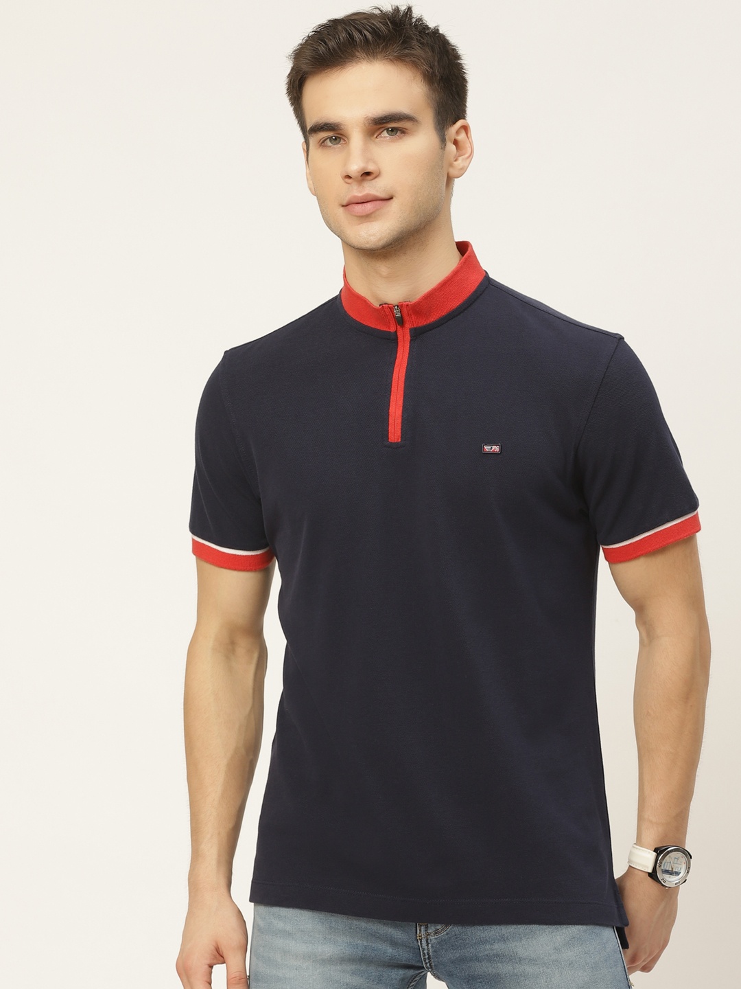 

Flying Machine Men Navy Blue Solid Pure Cotton Polo Collar T-shirt