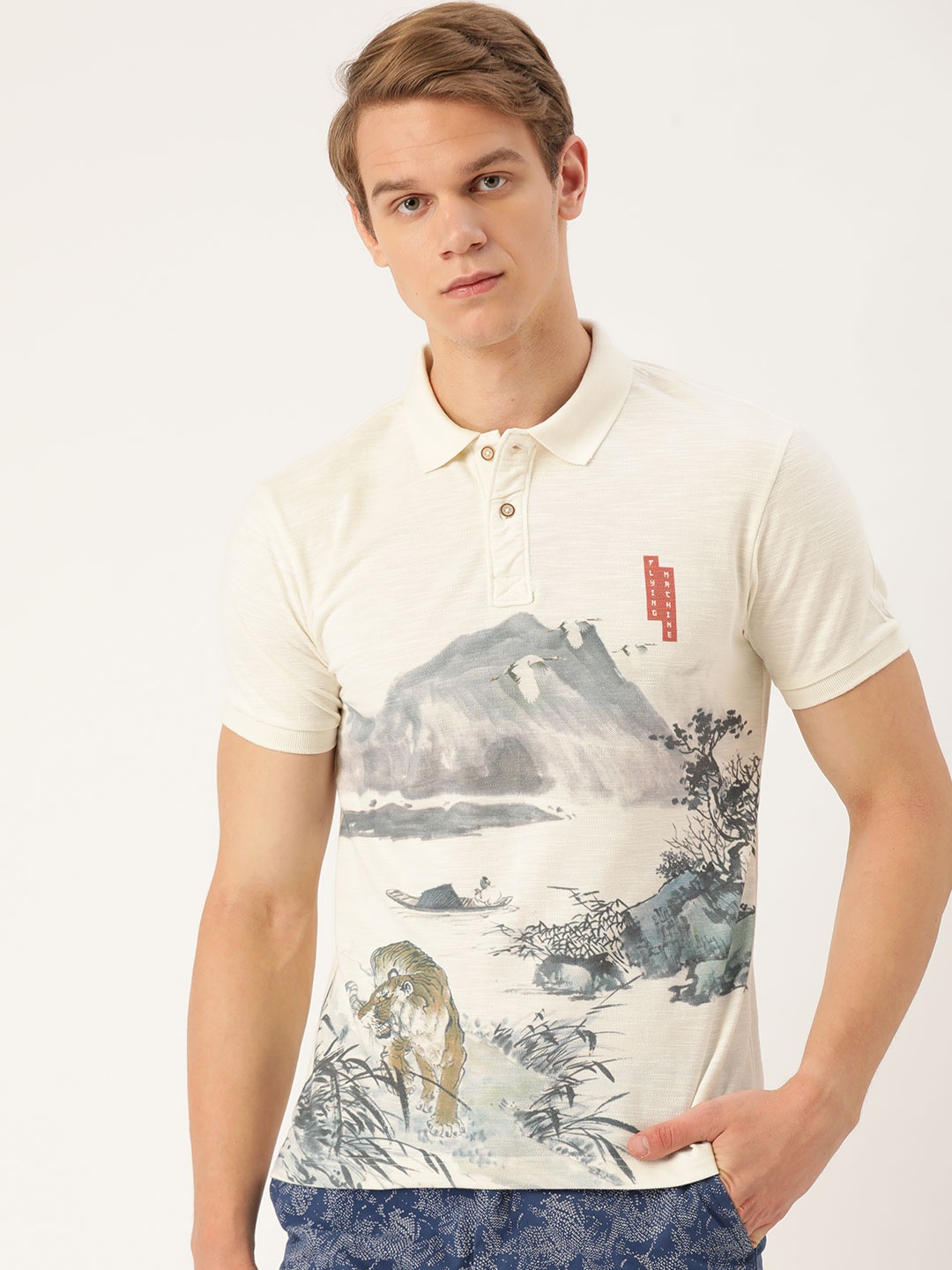 

Flying Machine Men Off White & Blue Printed Polo Collar Cotton T-shirt