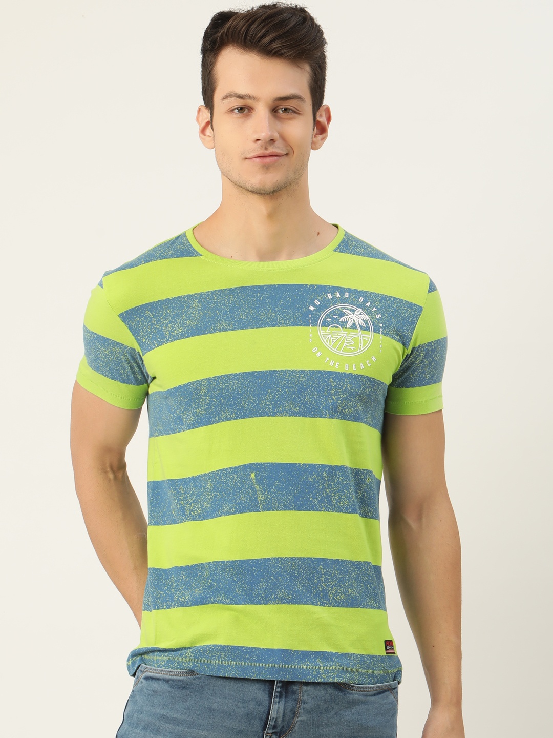 

Flying Machine Men Green Blue Striped Round Neck Pure Cotton T-shirt