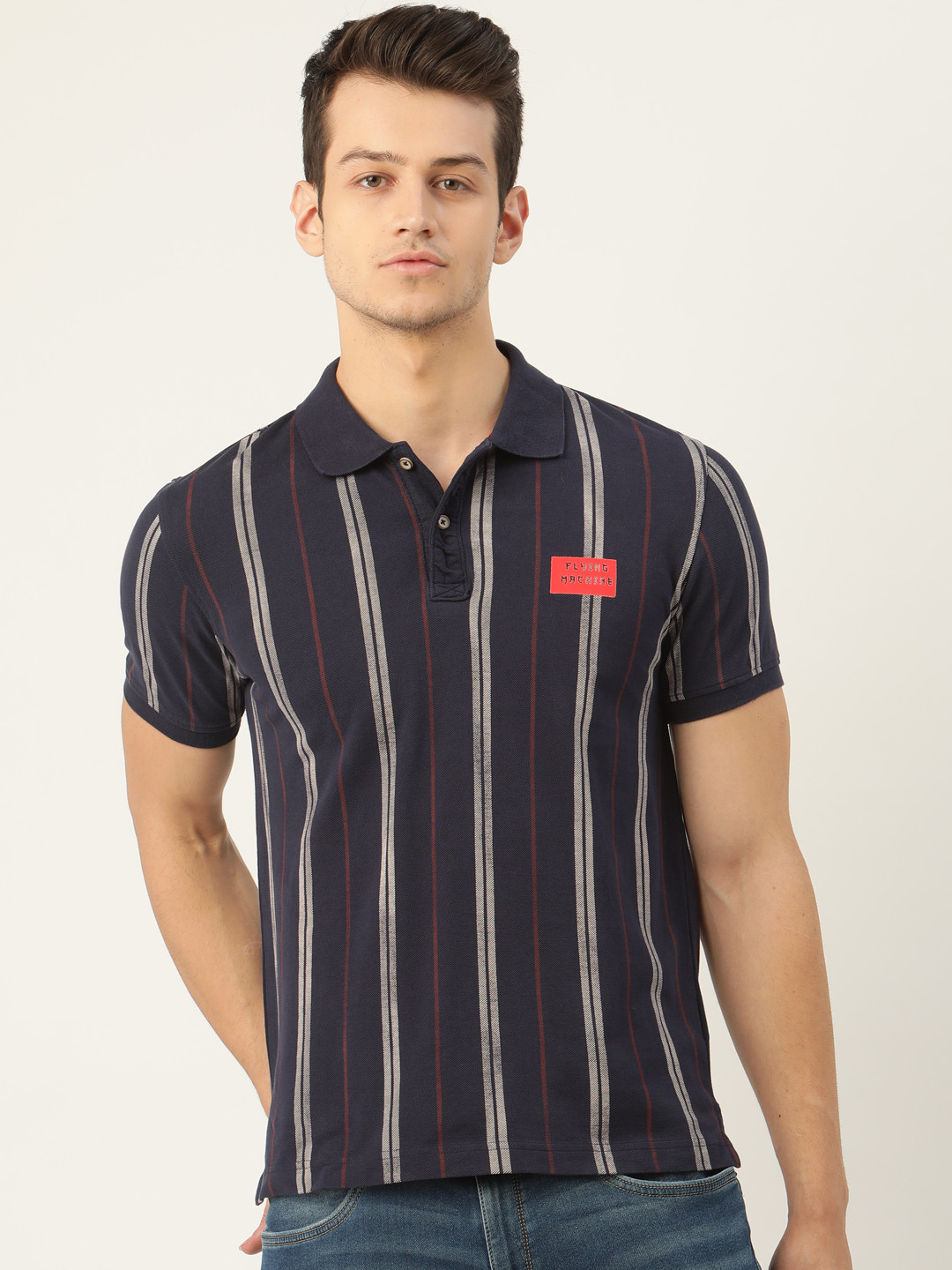 

Flying Machine Men Navy Blue White Striped Pure Cotton Polo Collar Pure Cotton T-shirt