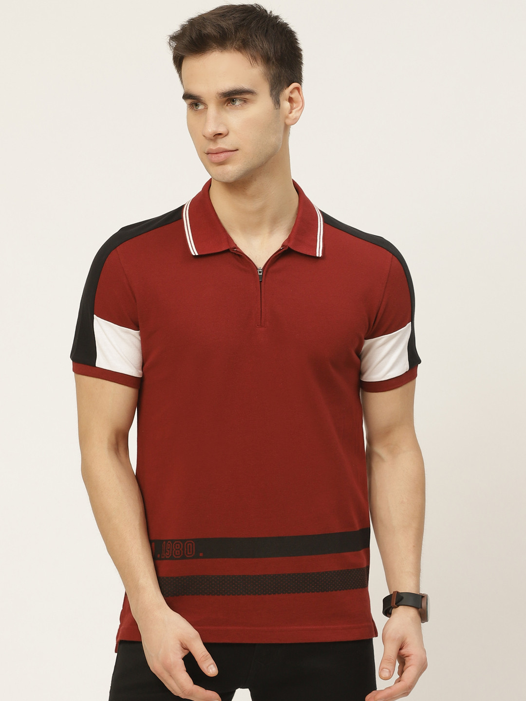 

Flying Machine Men Maroon Black Cotton Striped Spread Collar Pure Cotton T-shirt