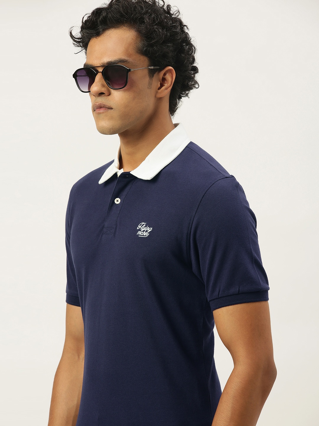 

Flying Machine Men Navy Blue White Polo Collar Pure Cotton T-shirt