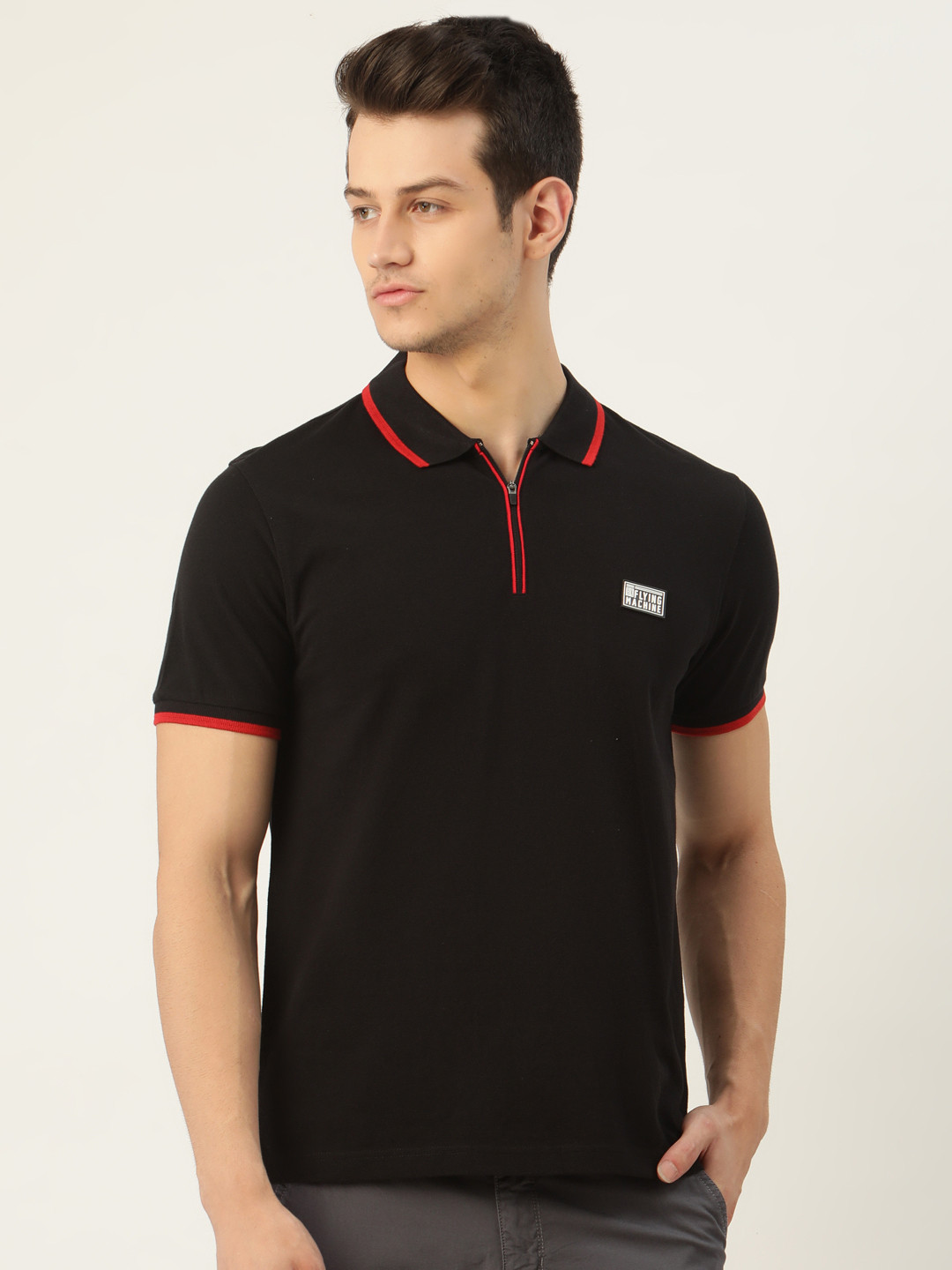 

Flying Machine Men Black Solid Pure Cotton Polo Collar Pure Cotton T-shirt