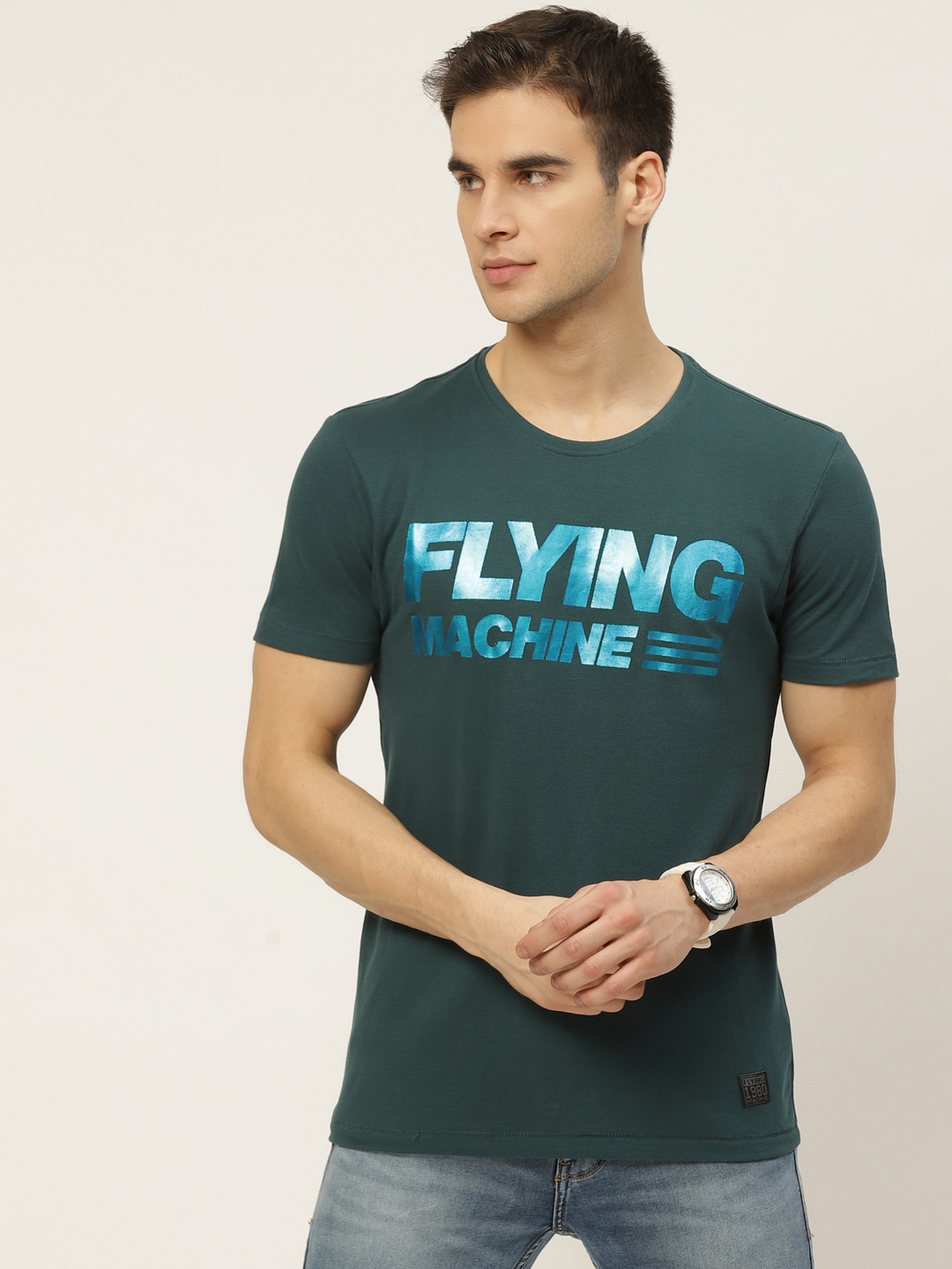 

Flying Machine Men Green Blue Printed Round Neck Pure Cotton T-shirt