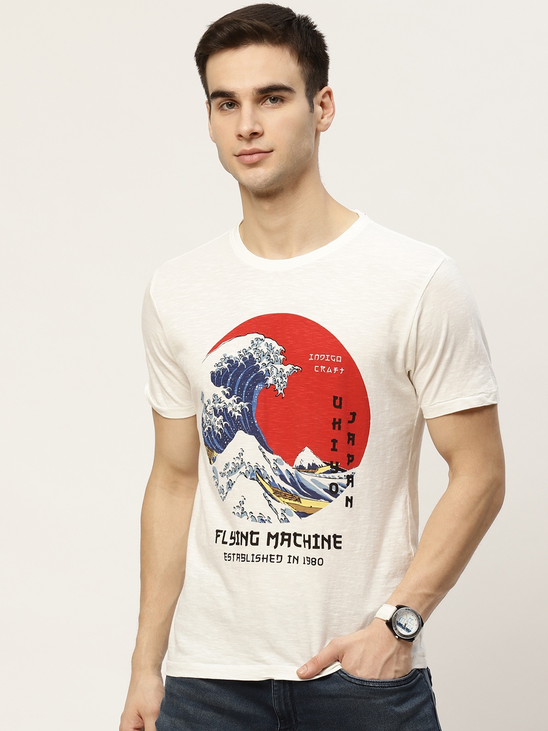 

Flying Machine Men White & Red Cotton Printed Round Neck T-shirt