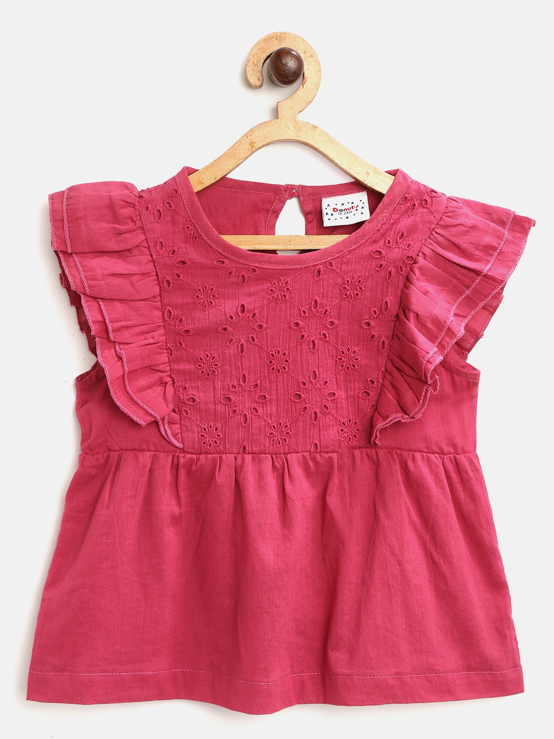 

Donuts Infant Girls Pink Pure Cotton Floral Schiffli Embroidered Flutter Sleeve A-Line Top