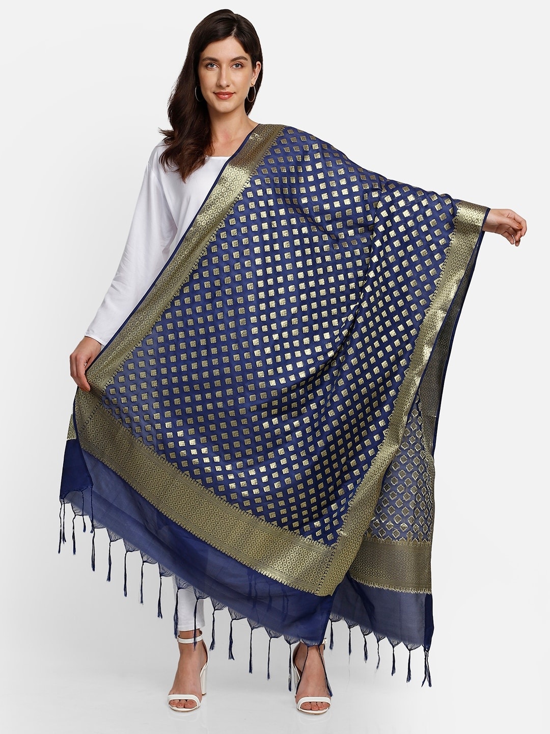 

amraoo Navy Blue & Gold-Toned Woven Design Dupatta