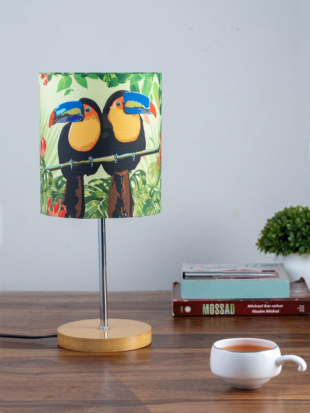 

KOLOROBIA Green & Orange Tropical Rain Forest Printed Quirky Table Lamp with Shade