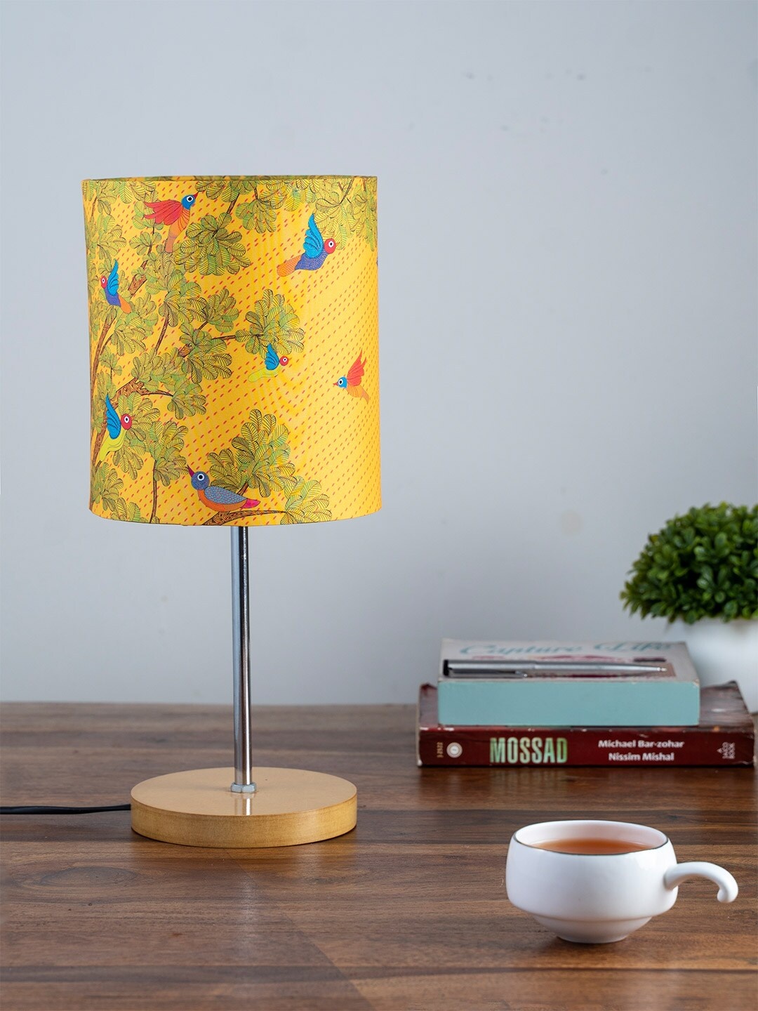 

KOLOROBIA Yellow & Blue Gond Art Inspired Print Traditional Buffet Table Lamp with Shade