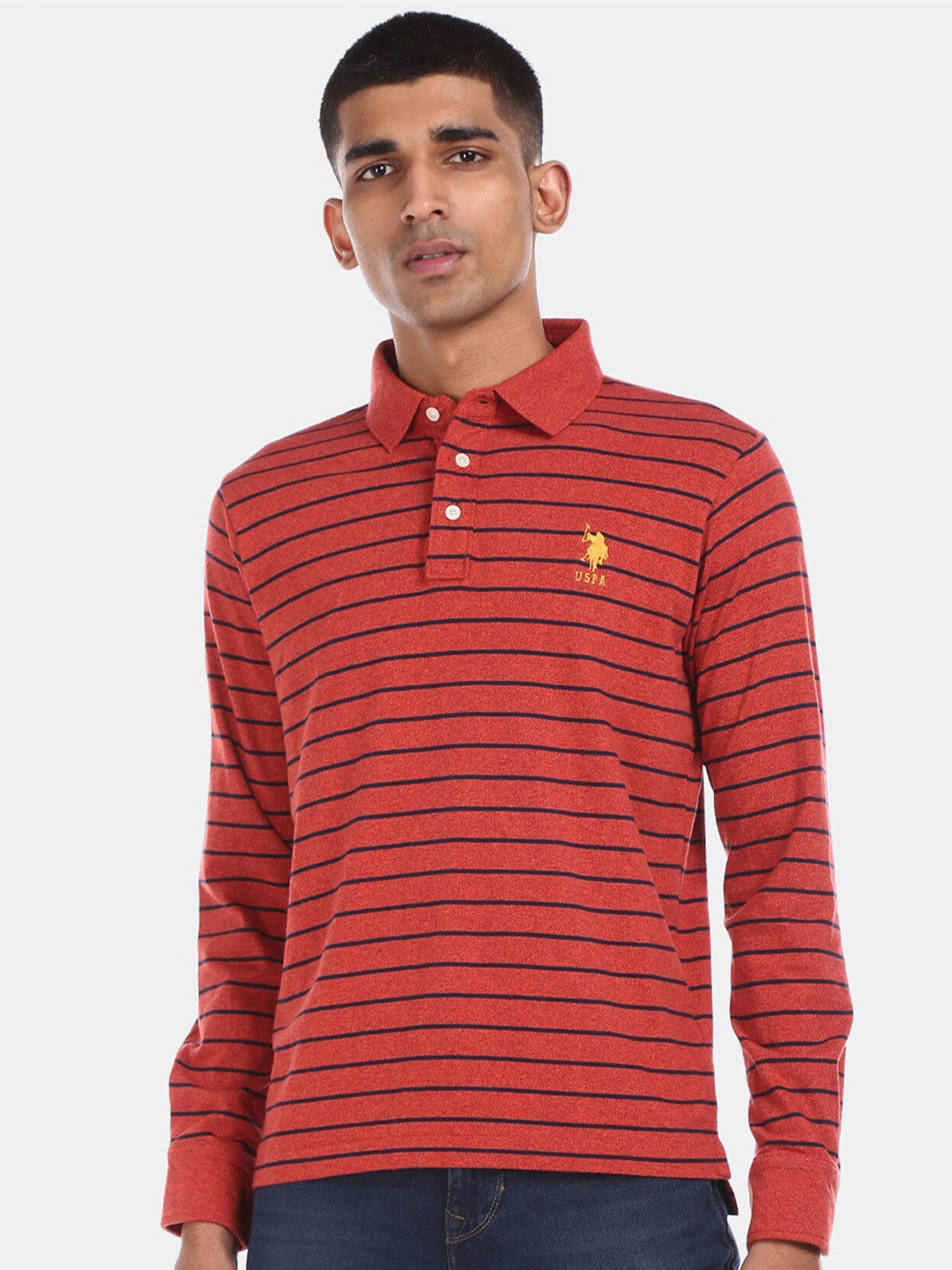 

U.S. Polo Assn. Men Red & Navy Blue Striped Polo Collar T-shirt