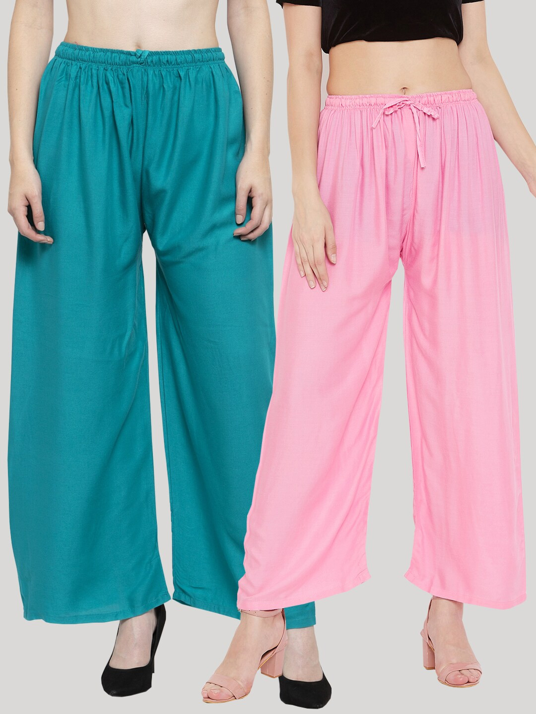 

Clora Creation Women Pack of 2 Turquoise Blue & Pink Solid Straight Palazzos