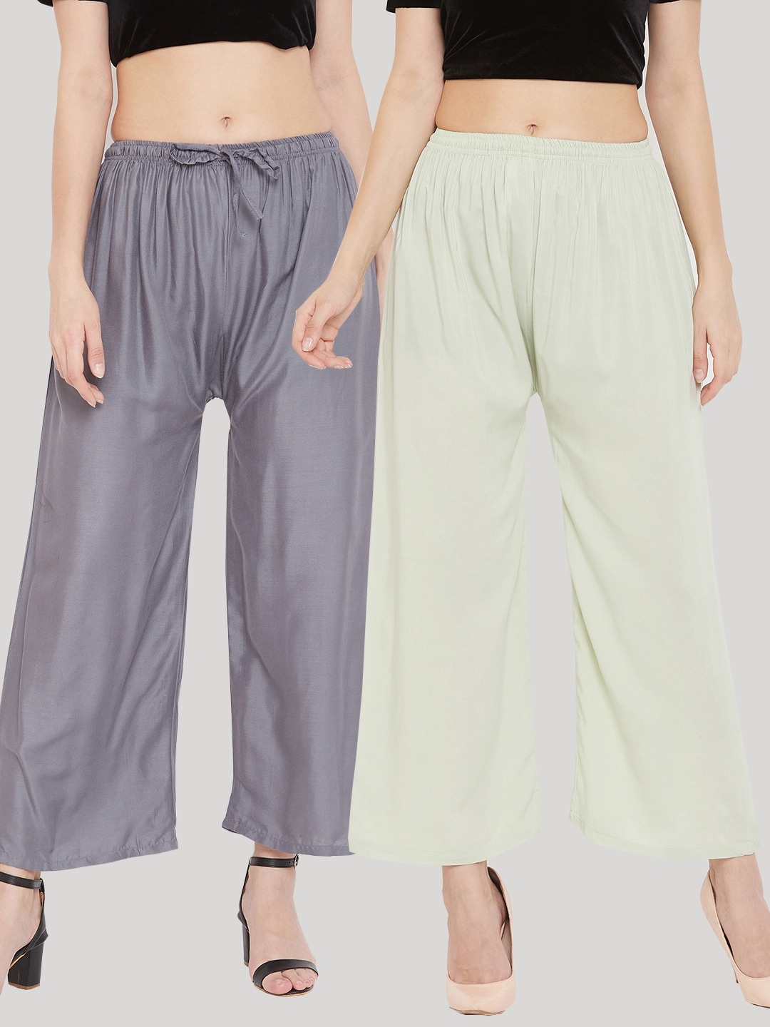 

Clora Creation Women Multi Solid Pack of 2 Grey & Pista Green Rayon Palazzo