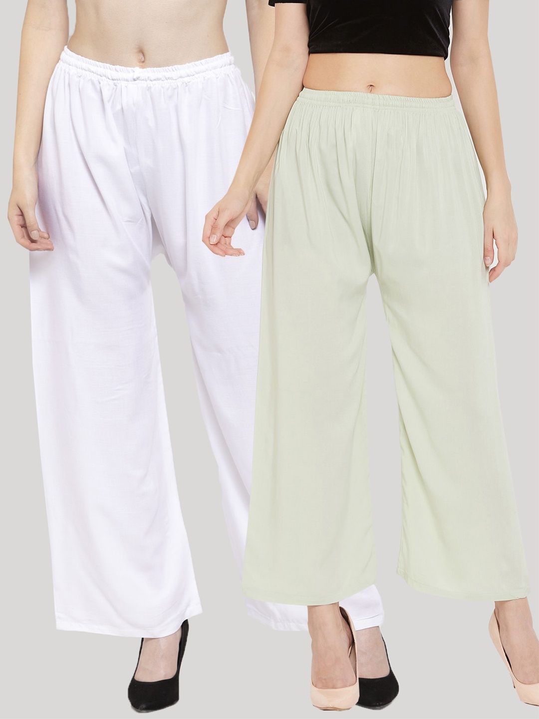 

Clora Creation Women Multi Solid Pack of 2 Palazzo White & Pista Green Rayon Palazzo