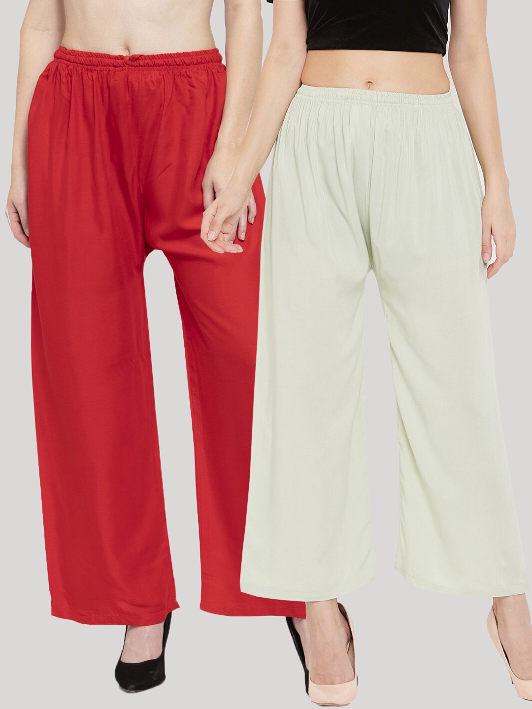 

Clora Creation Women Multi Solid Pack of 2 Palazzo Red & Pista Green Rayon Palazzo