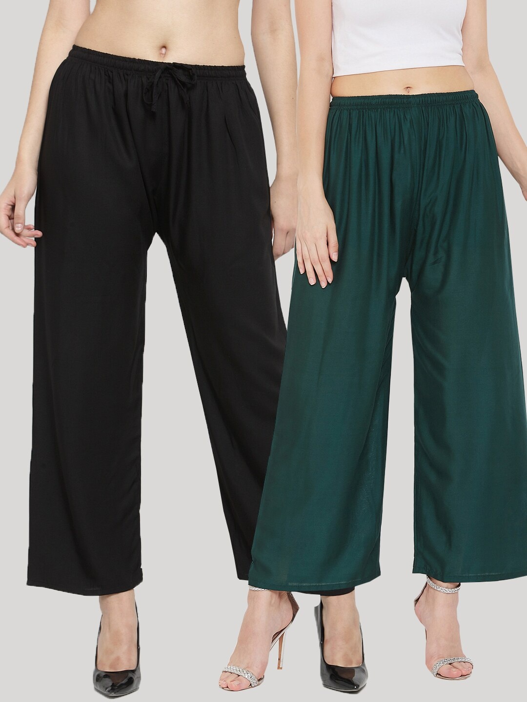 

Clora Creation Women Multi Solid Pack of 2 Black & Bottle Green Rayon Palazzo