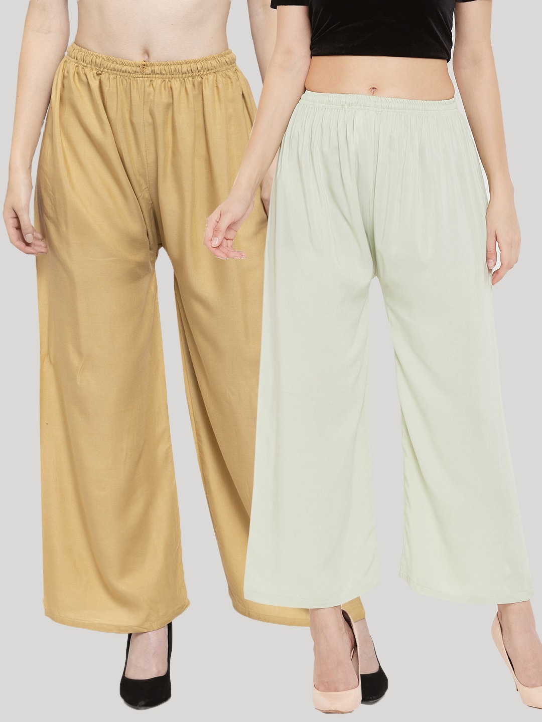 

Clora Creation Women Multi Solid Pack of 2 Fawn & Pista Green Rayon Palazzo
