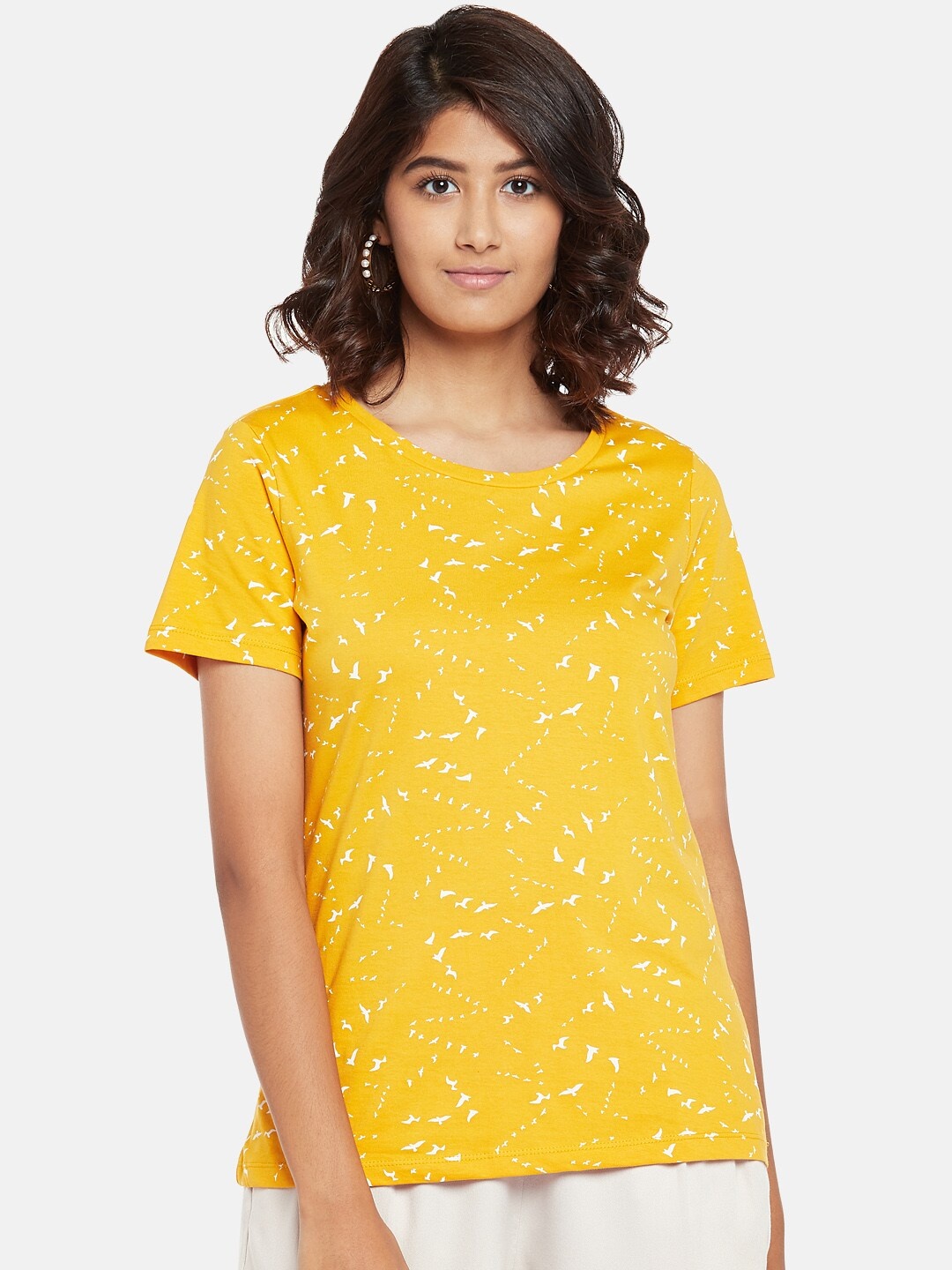 

Honey by Pantaloons Women Mustard Yellow & White Birds Print Cotton T-shirt