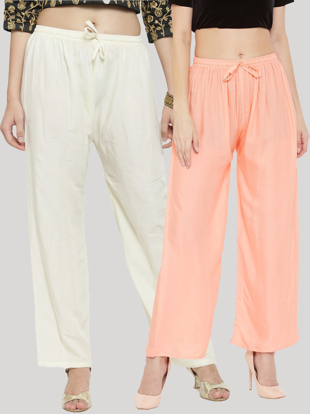 

Clora Creation Women Pack of 2 Solid Wide Leg Palazzos, Cream