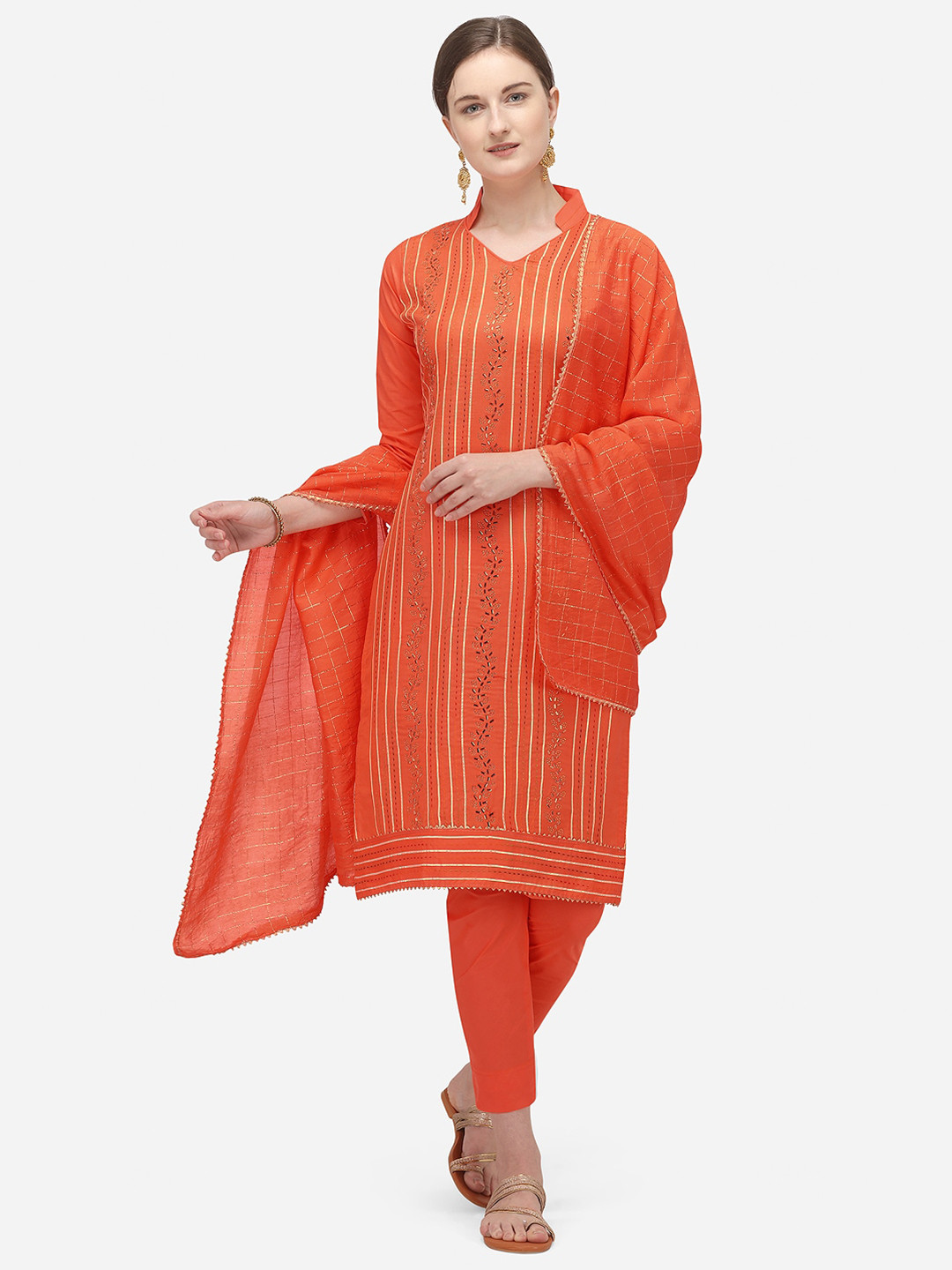 

Ethnic Junction Orange & Golden Embellished Unstitched Dress Material