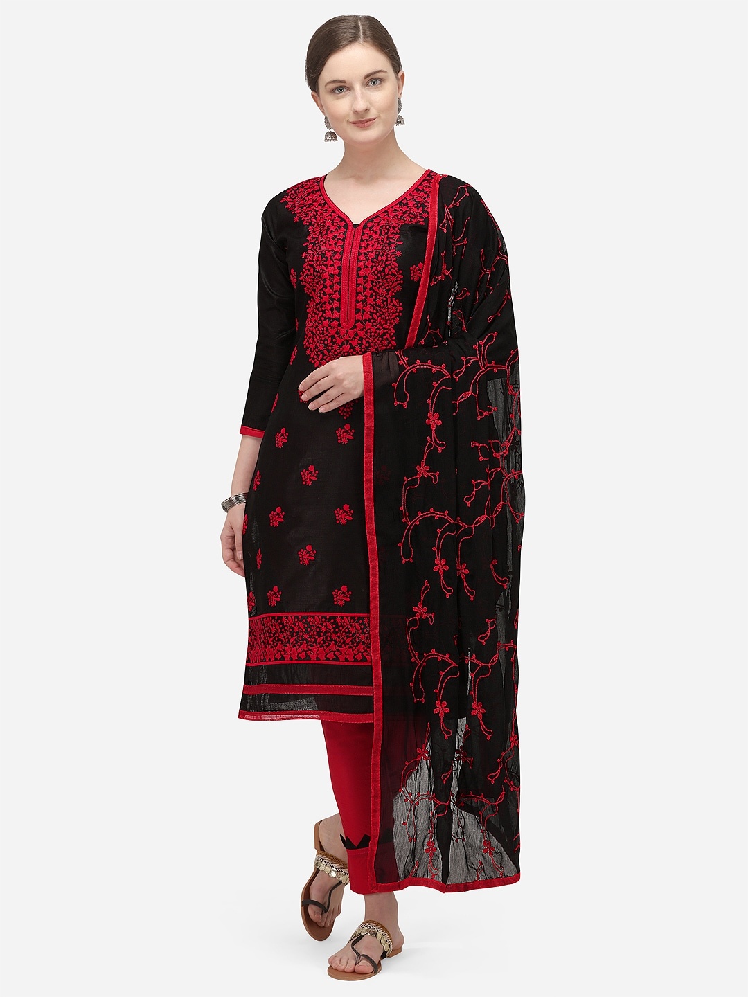 

Ethnic Junction Black & Red Embroidered Unstitched Dress Material