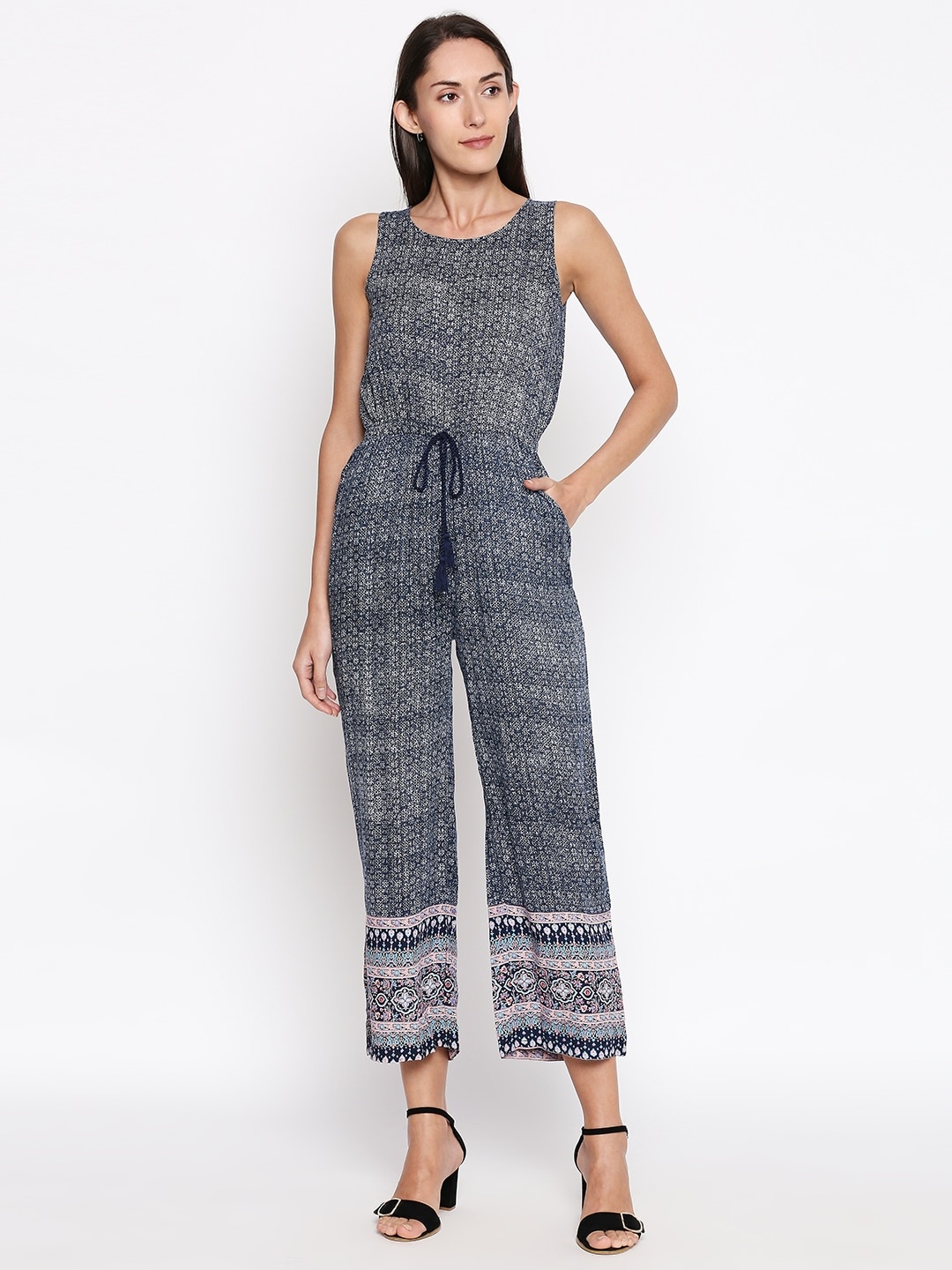 

People Women Navy Blue & White Printed Basic Jumpsuit