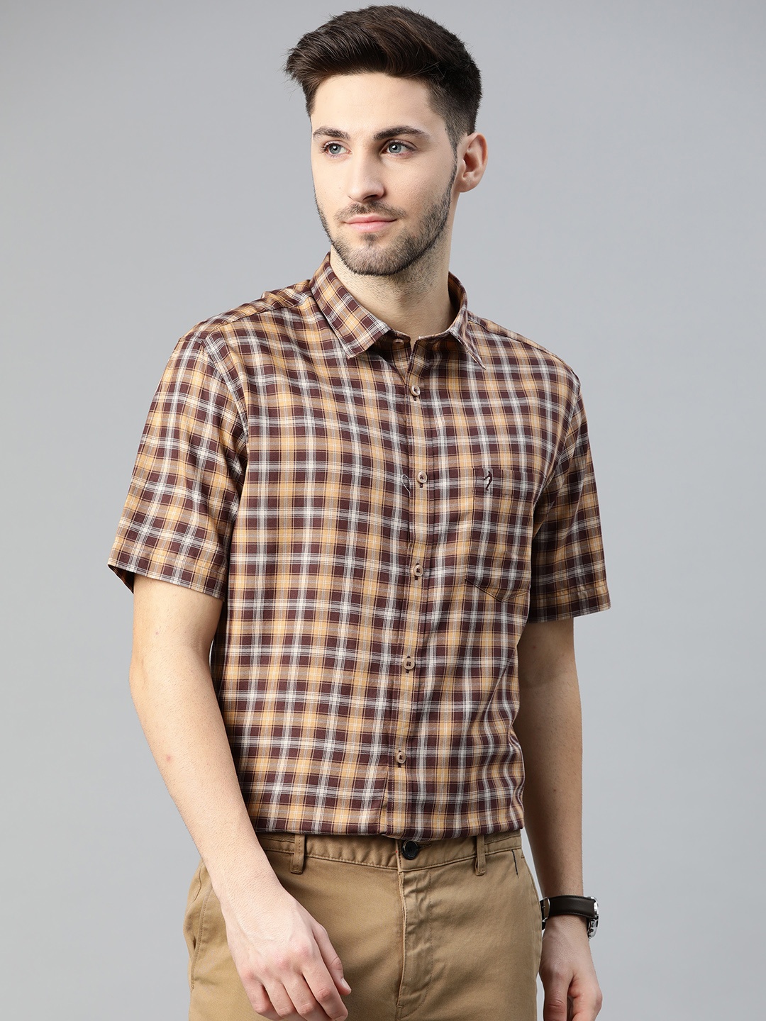 

Indian Terrain Men Beige & Brown Slim Fit Tartan Checks Semiformal Shirt