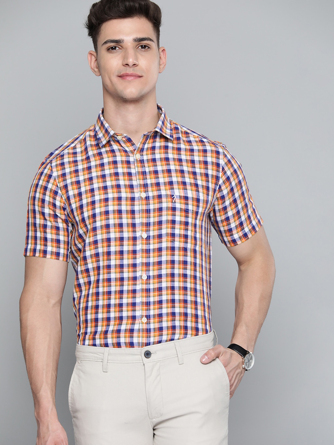 

Indian Terrain Men Blue & Orange Linen Cotton Slim Fit Checked Casual Shirt