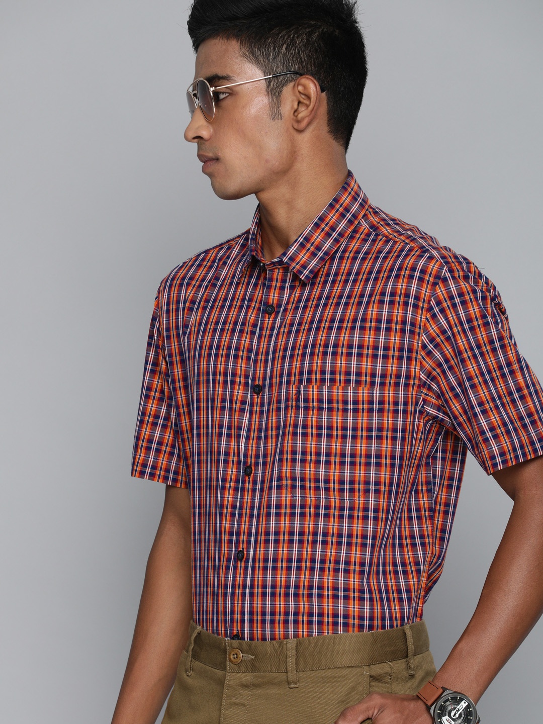 

Indian Terrain Men Orange & Navy Slim Fit Tartan Checked Smart Casual Shirt