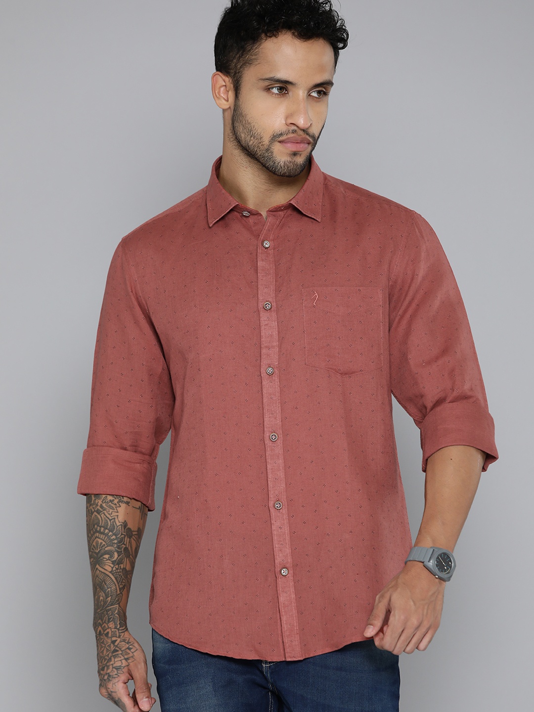 

Indian Terrain Printed Slim Fit Cotton Linen Shirt, Rust