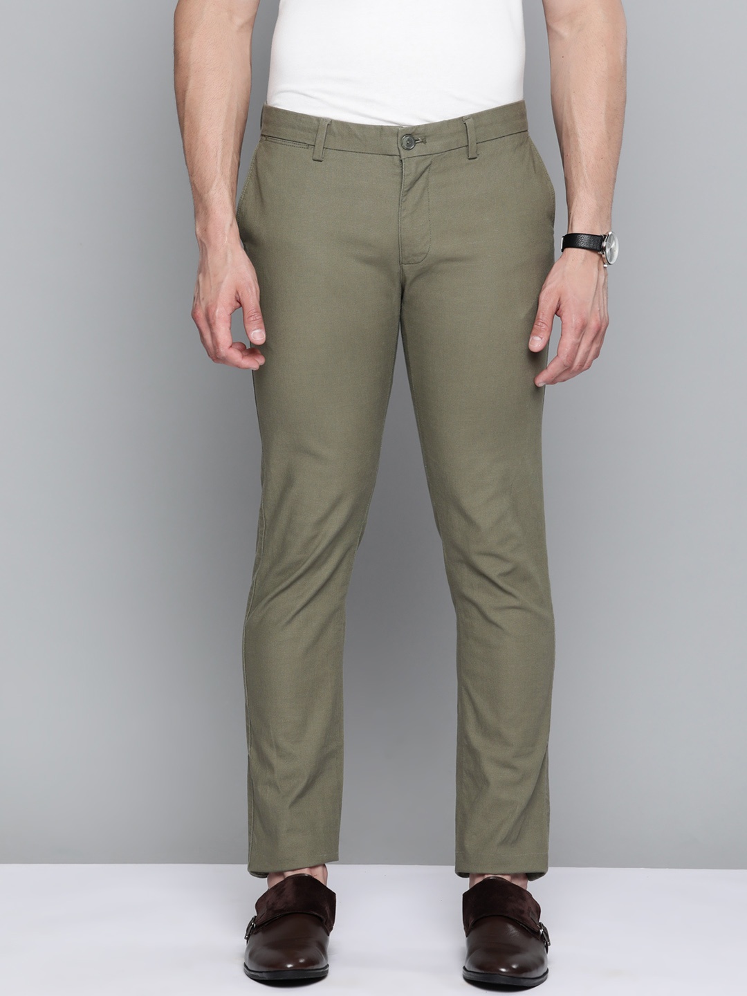 

Indian Terrain Men Olive Green Pure Cotton Kansas Chinos Trousers