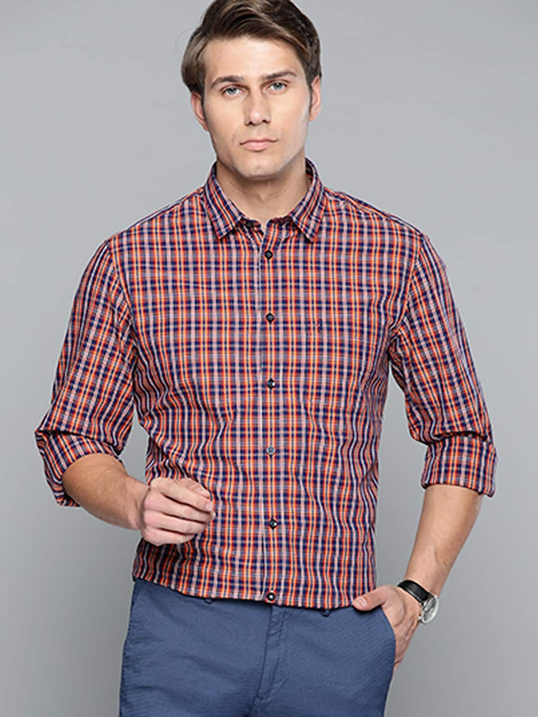 

Indian Terrain Men Orange & Navy Blue Cotton Bamboo Slim Fit Tartan Checks Casual Shirt