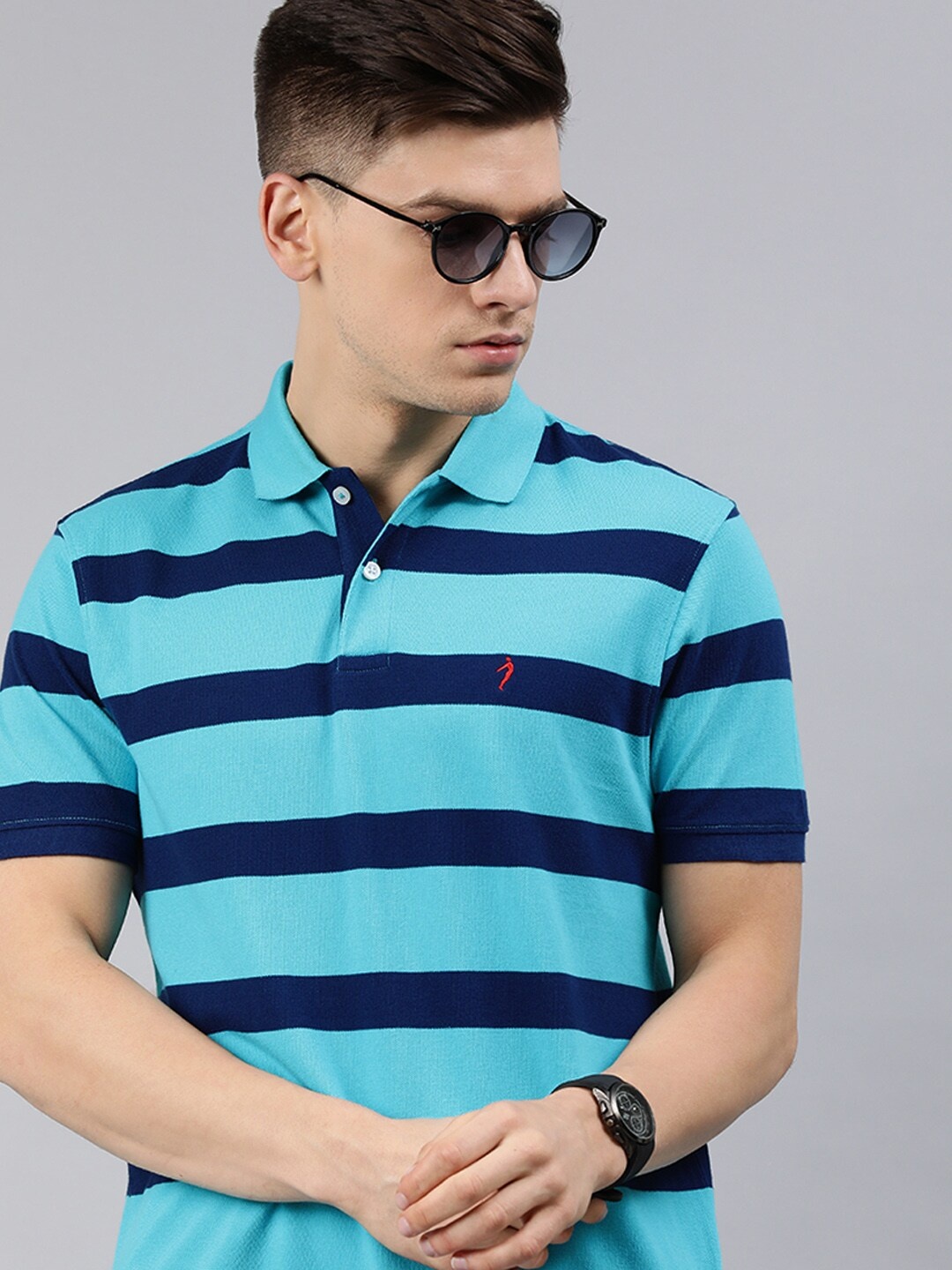 

Indian Terrain Men Blue Striped Pure Cotton Polo Collar T-shirt