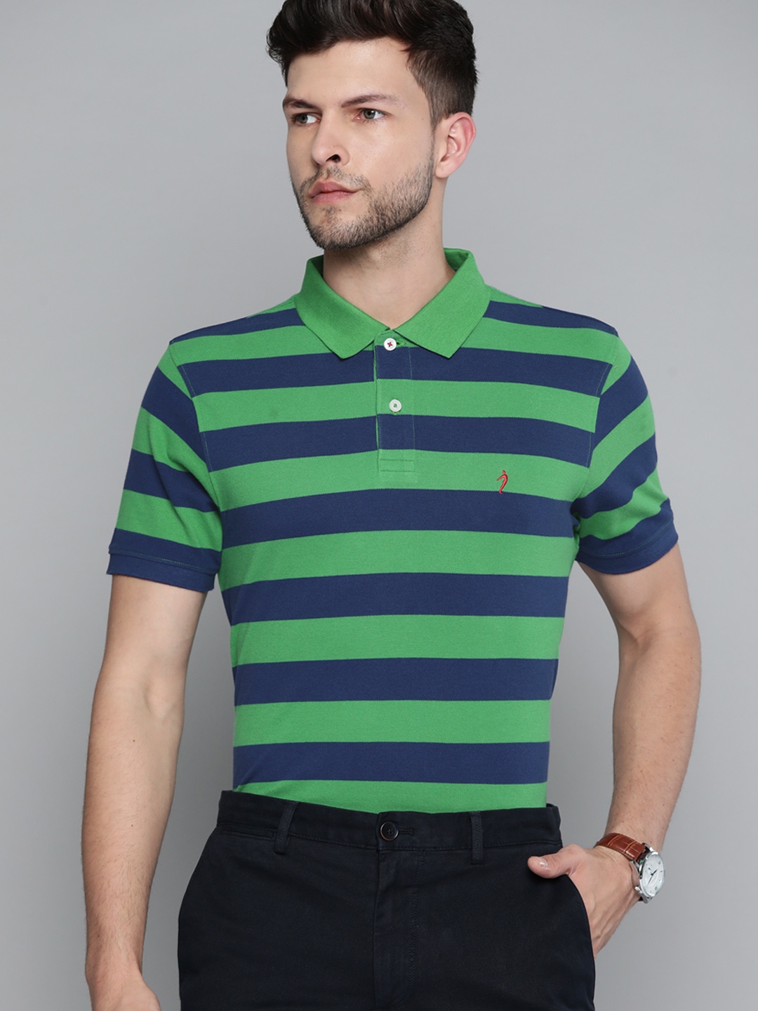 

Indian Terrain Men Green & Blue Striped Polo Collar Pure Cotton T-shirt