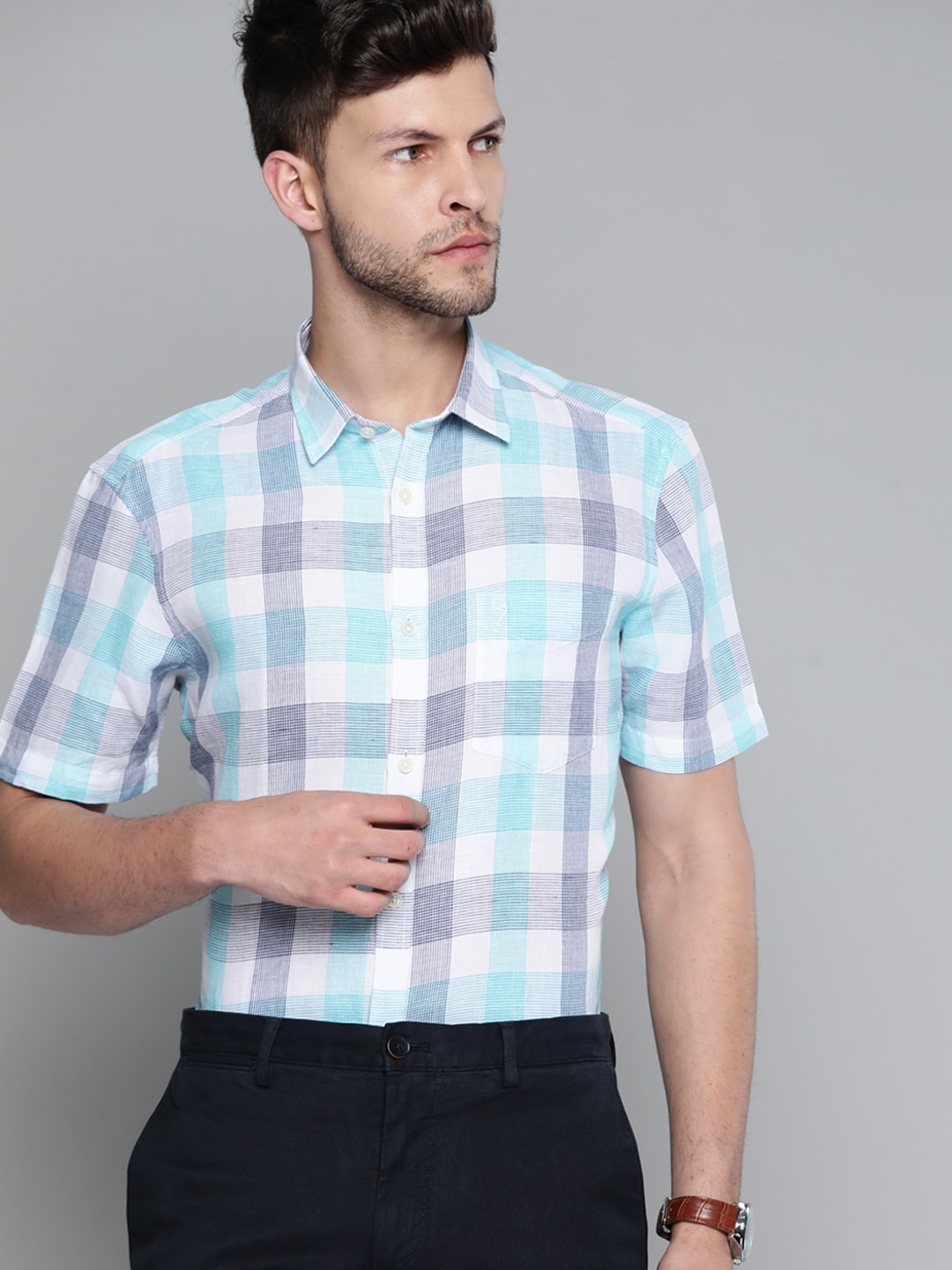 

Indian Terrain Men Blue Pure Cotton Linen Slim Fit Checked Smart Casual Shirt