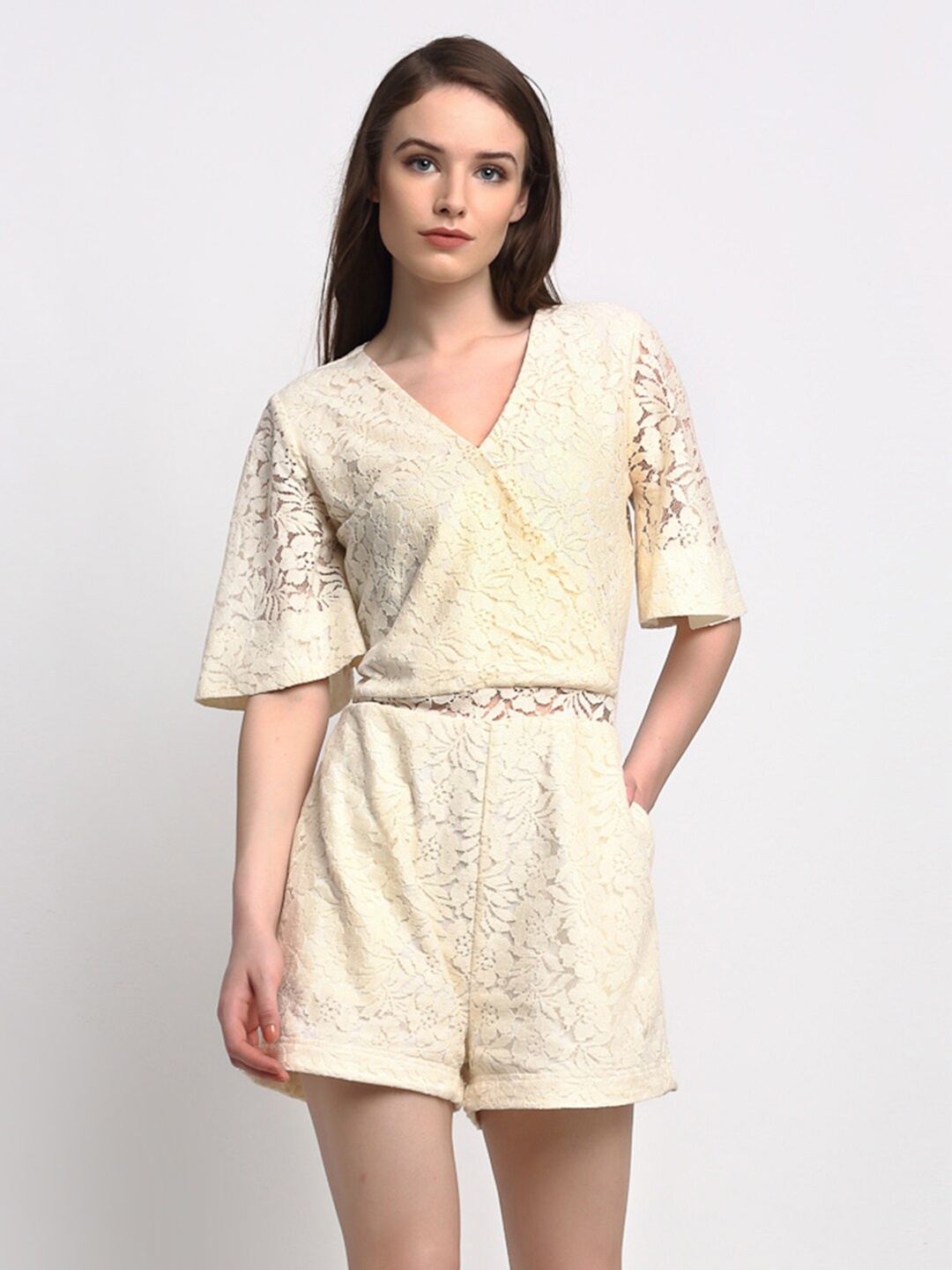 

Just Wow Women Cream-Coloured Lace Wrap Playsuit