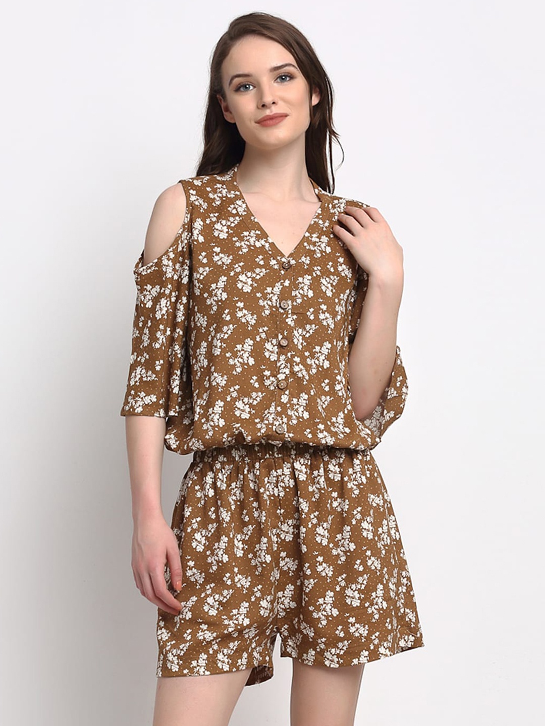 

Just Wow Women Brown & White Printed Basic Jumpsuit