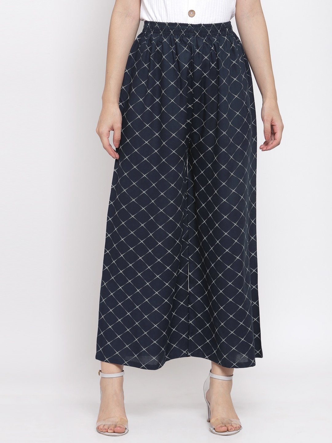 

KLOTTHE Women Navy Blue & White Checked Wide Leg Palazzos