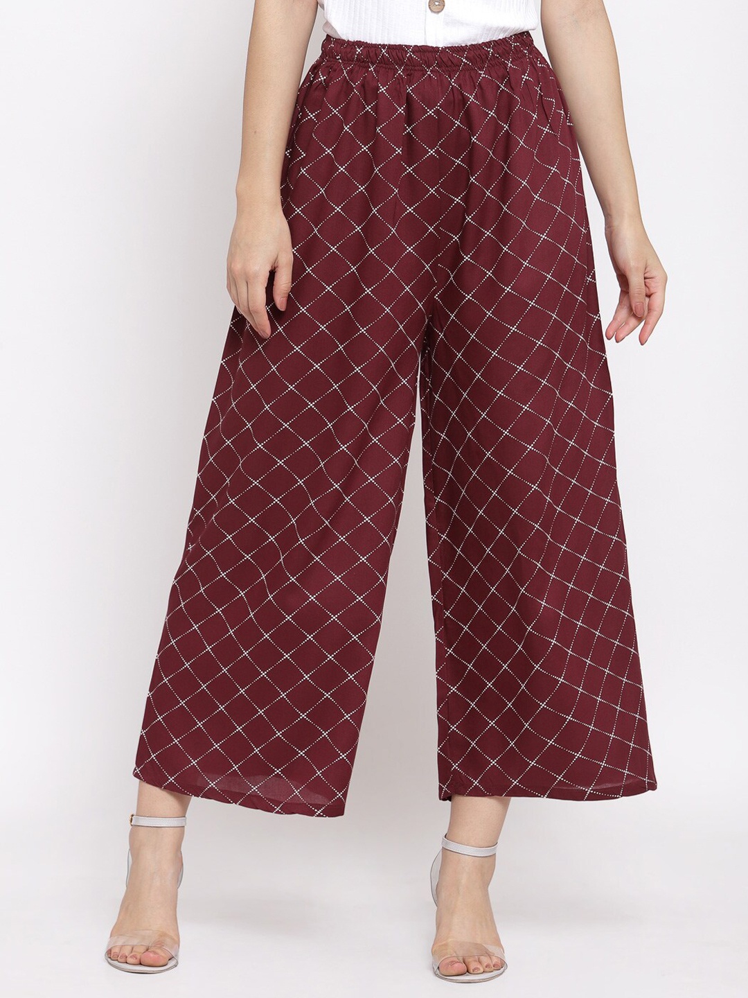 

KLOTTHE Women Maroon & White Checked Wide Leg Palazzos