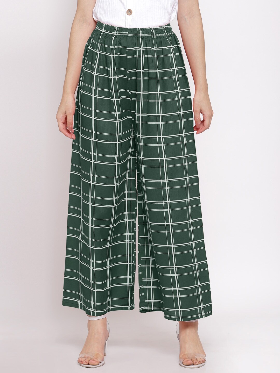 

KLOTTHE Women Green & White Checked Wide Leg Palazzos