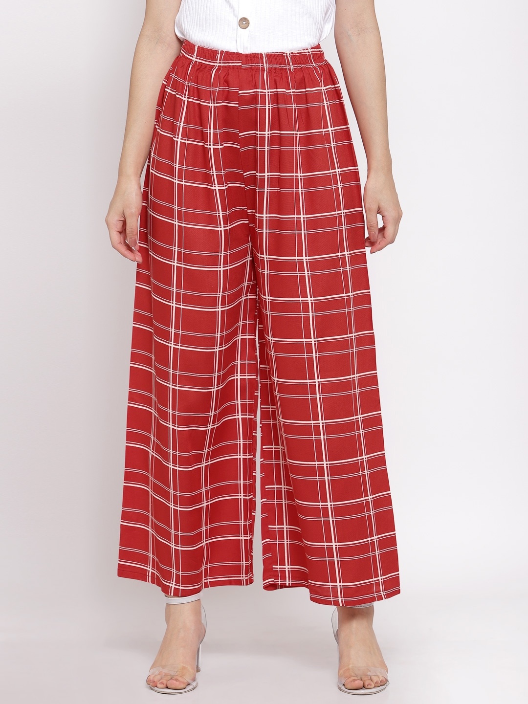 

KLOTTHE Women Red & White Checked Wide Leg Palazzos